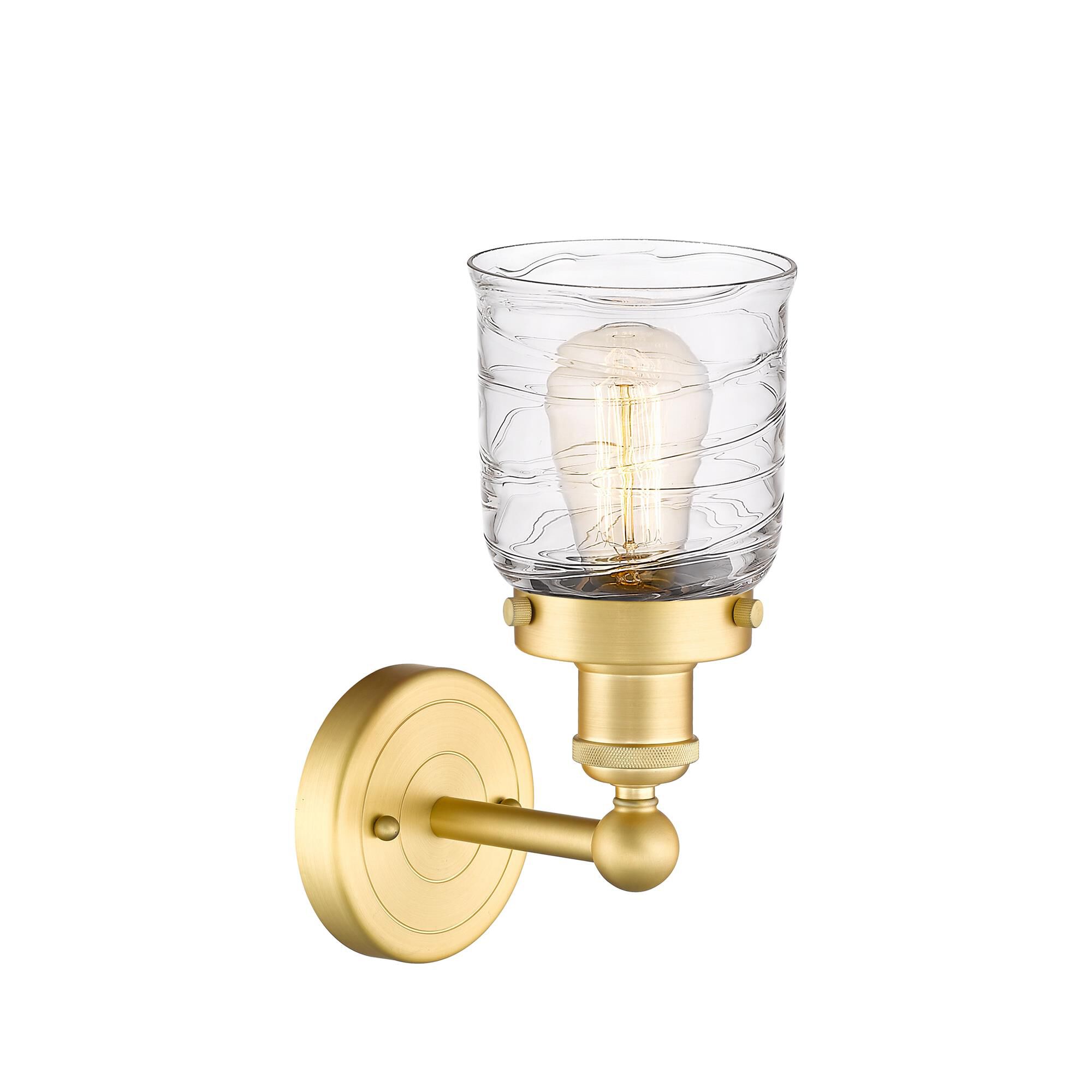 Shown in Satin Gold finish and Clear Deco Swirl glass