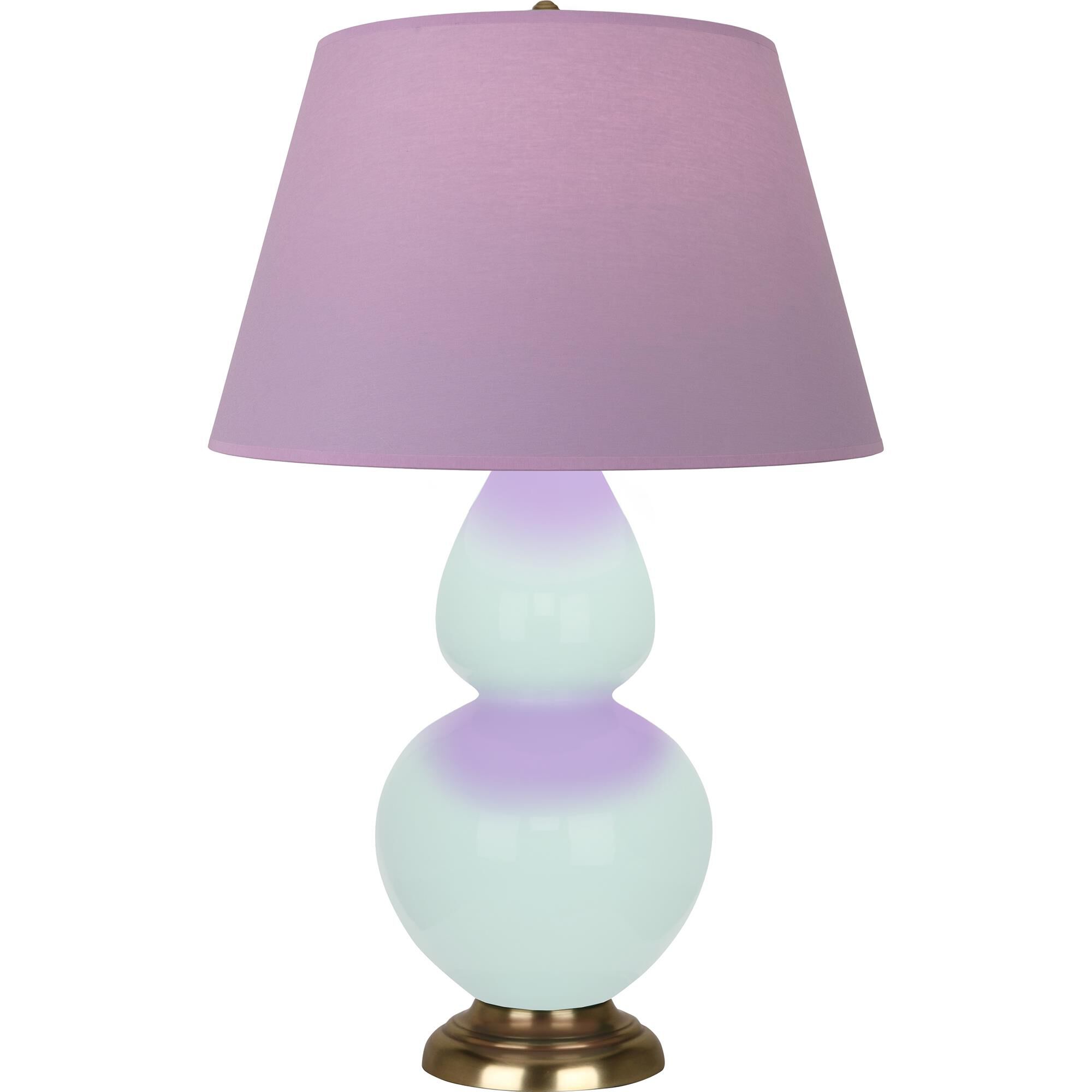Shown in Mint Glazed finish and Lavender with Plum Lining shade and Antique Brass accent