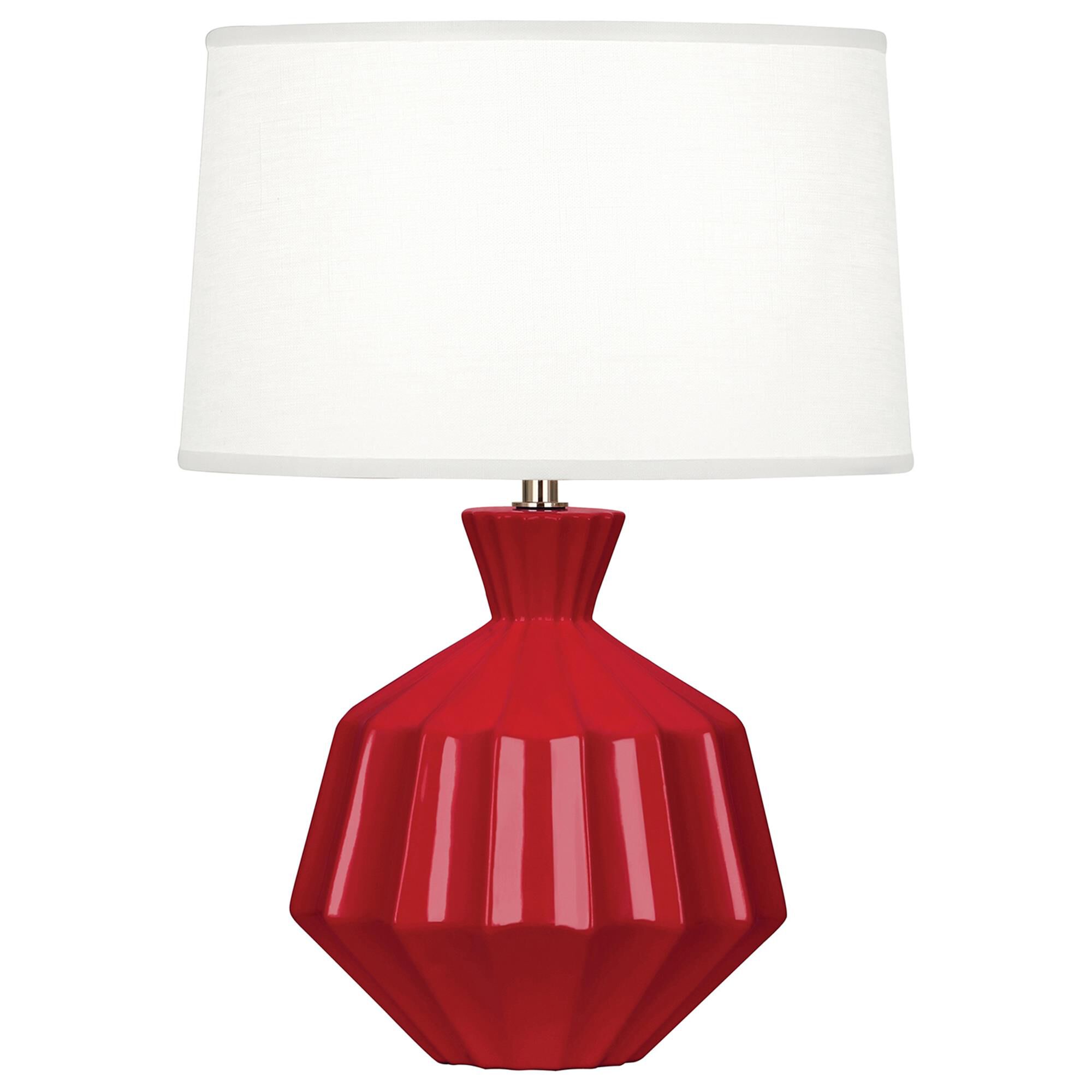 Shown in Ruby Red Glazed Ceramic finish and Oyster Linen With Self Fabric Top Diffuser shade