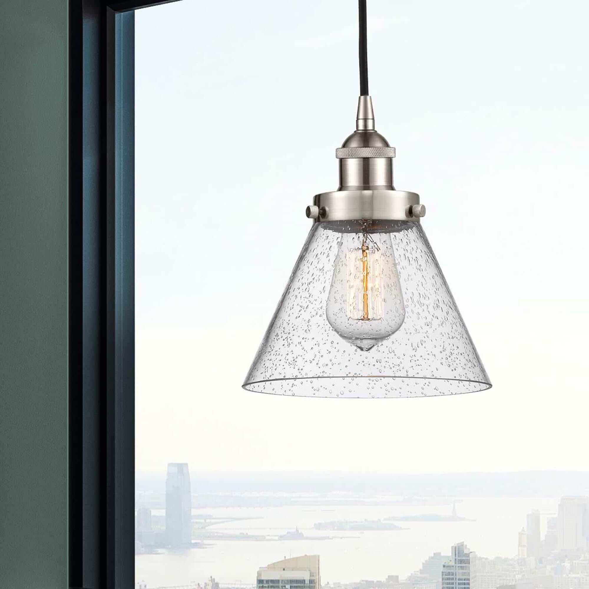 Shown in Brushed Satin Nickel finish and Seedy glass