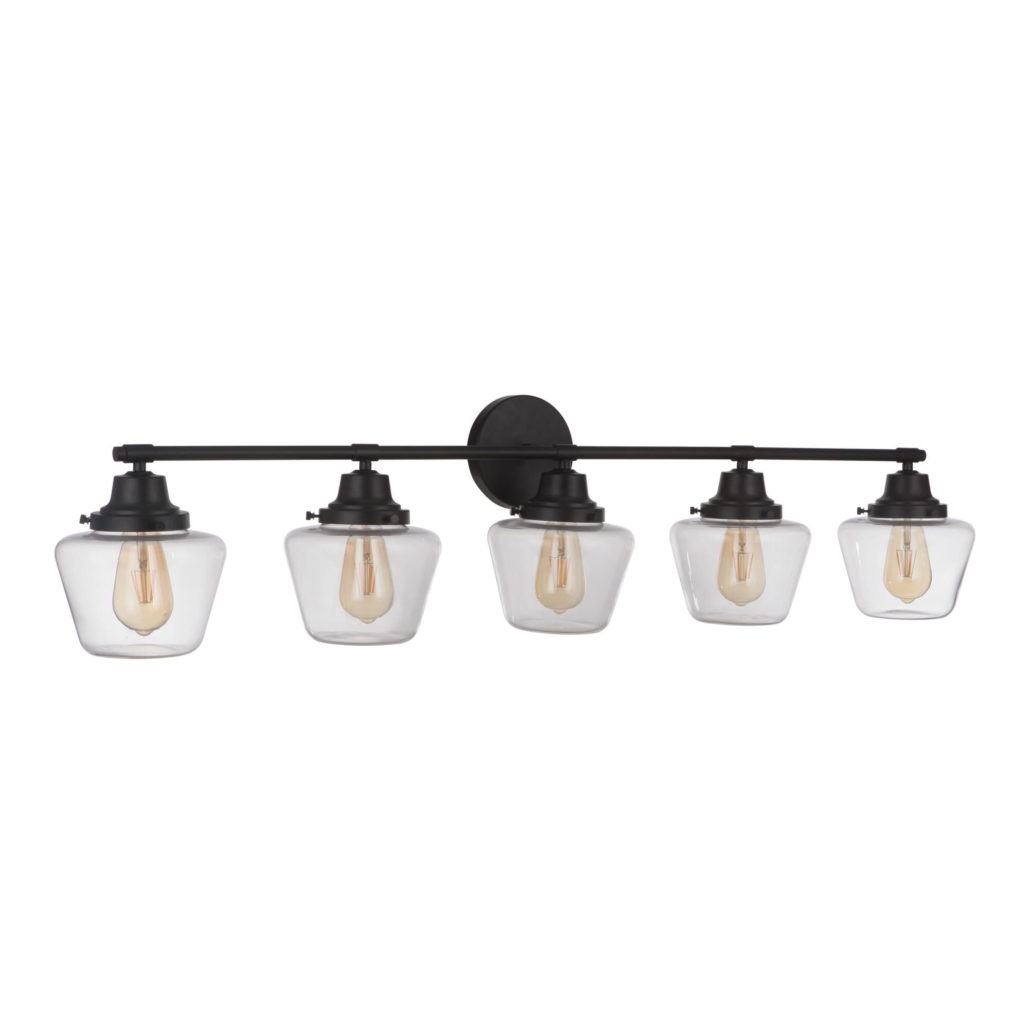 Shown in Flat Black finish and Clear glass and Glass shade