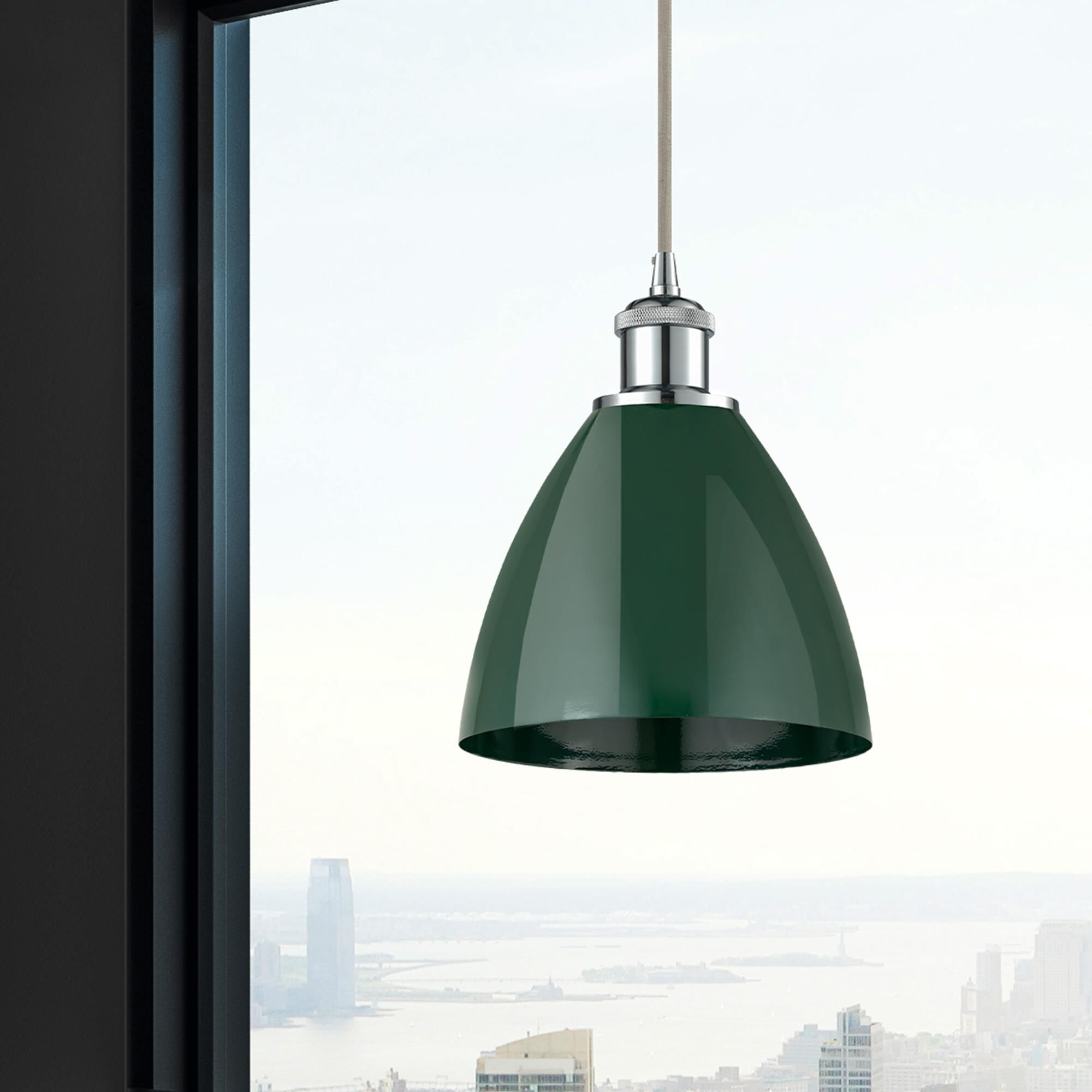 Shown in Polished Chrome finish and Green Plymouth Dome shade