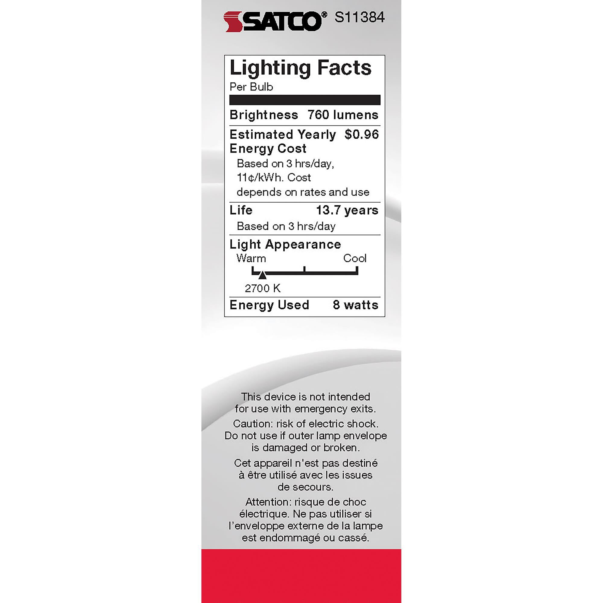Dimmable 8 Watt 2700K C11 LED Light Bulb by Satco