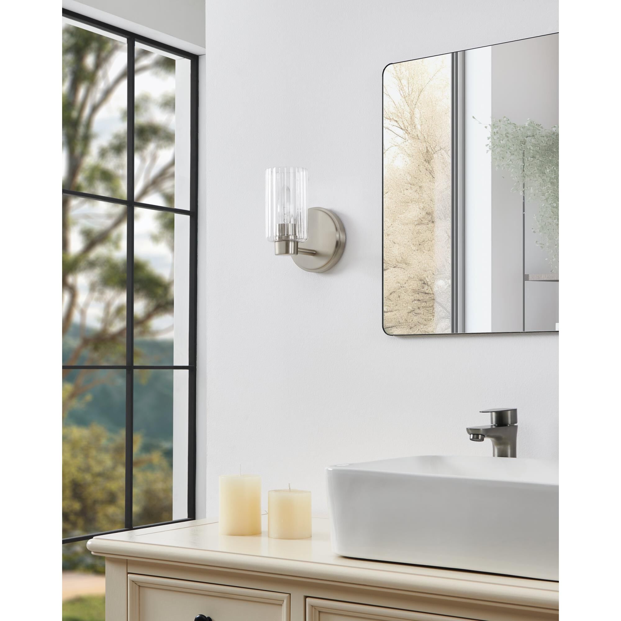 Shown in Brushed Nickel finish and Clear Ribbed glass