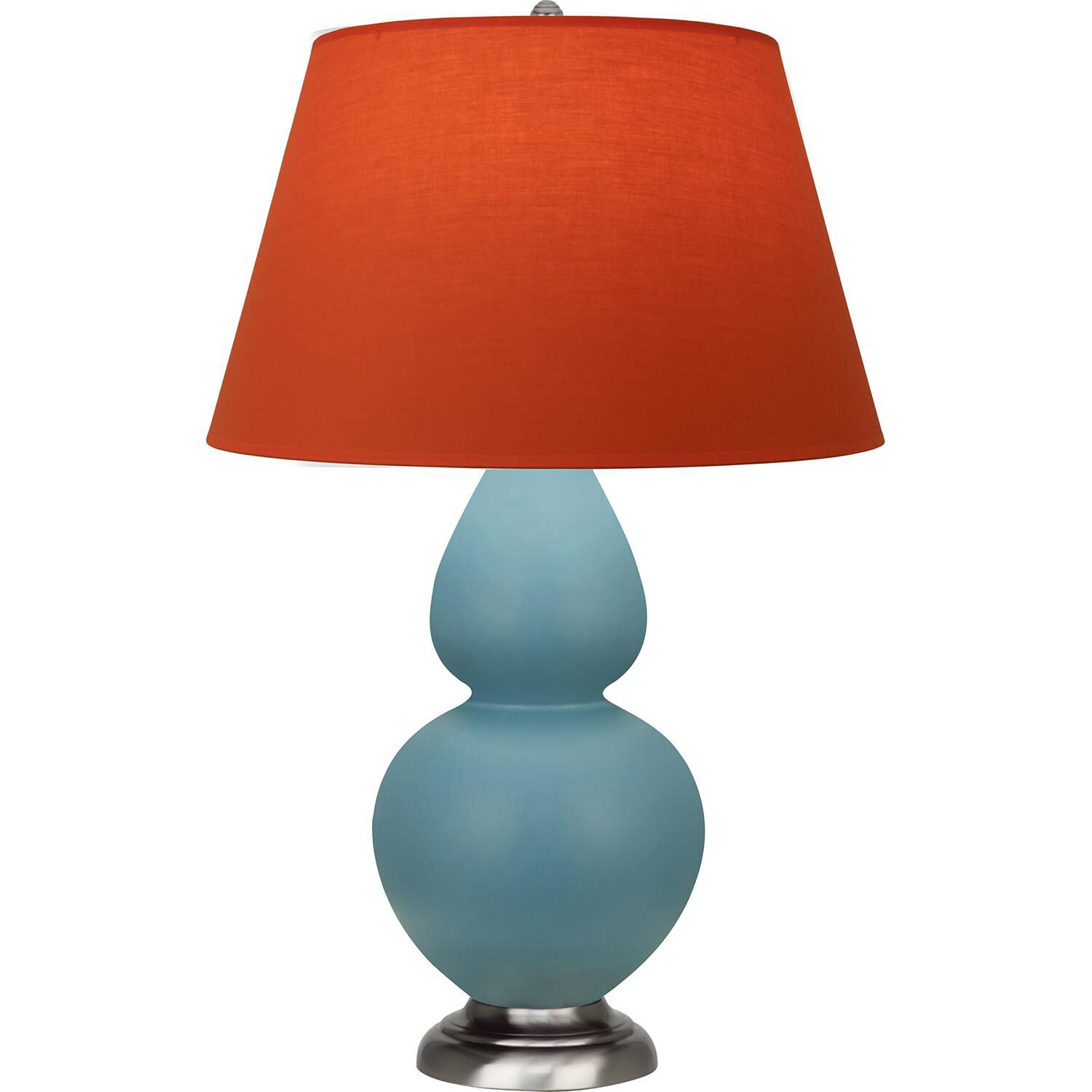 Shown in Matte Steel Blue finish and Tangerine and Taupe Lining shade and Antique Silver accent