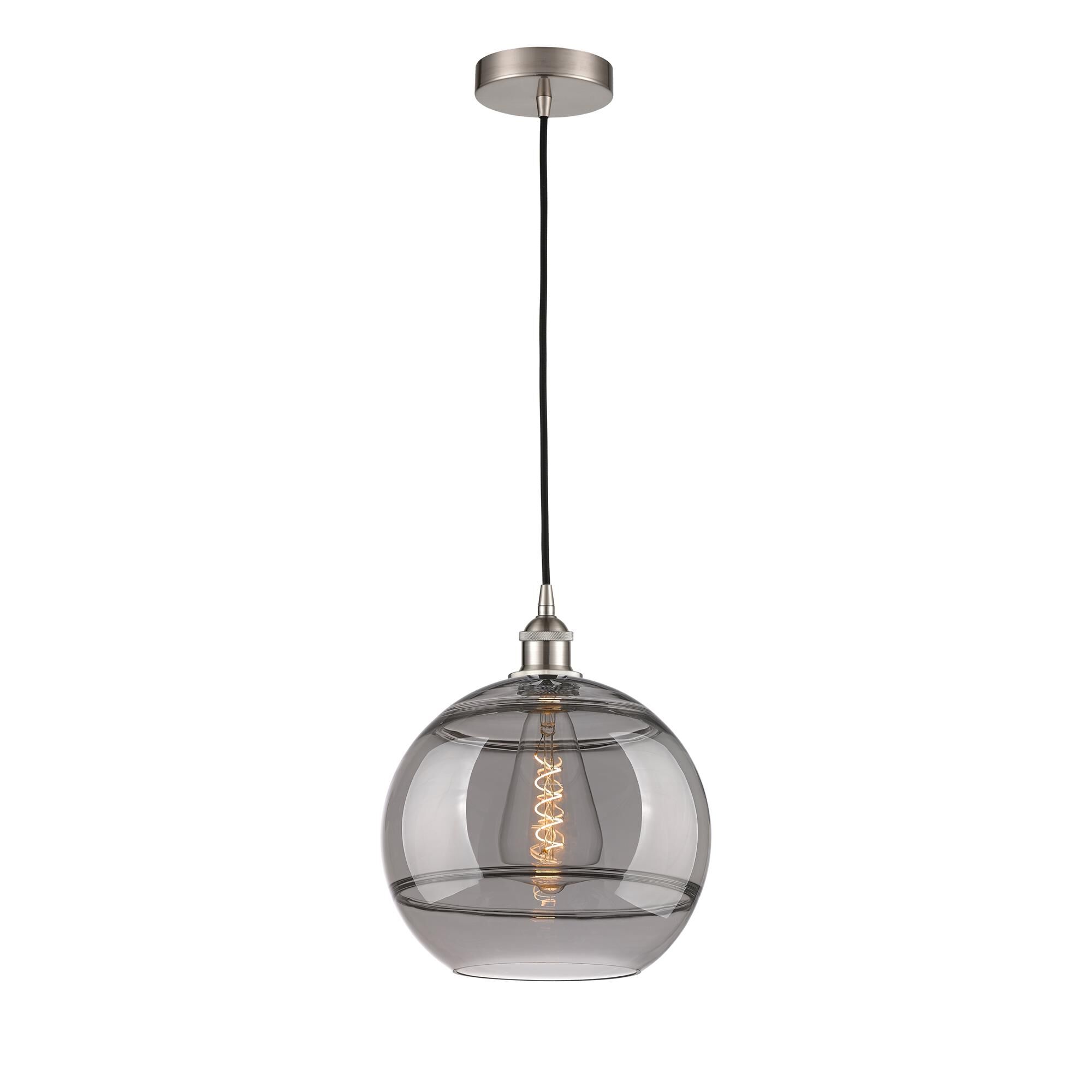 Shown in Brushed Satin Nickel finish and Light Smoke glass