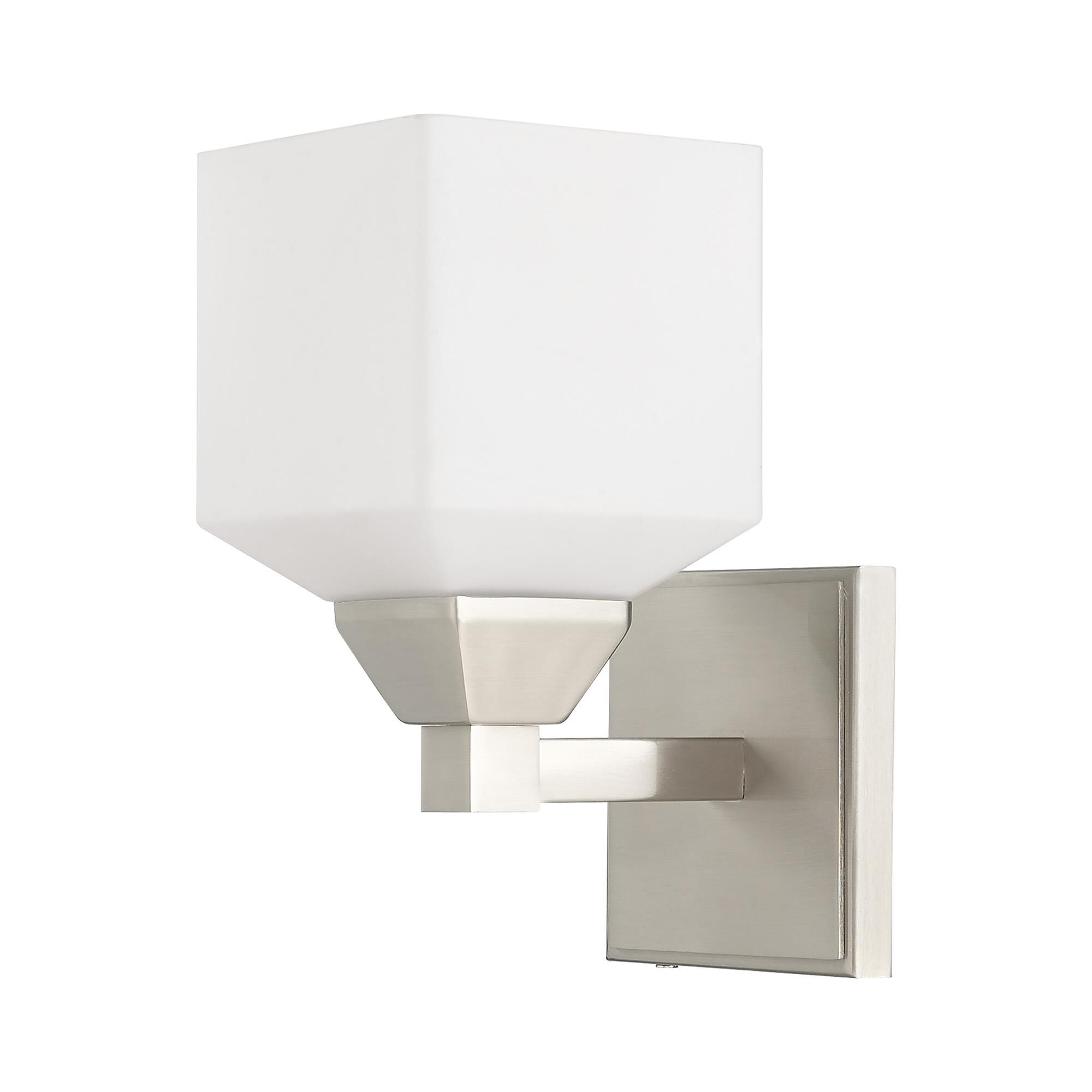 Shown in Brushed Nickel finish and Hand Blown Satin Opal White glass