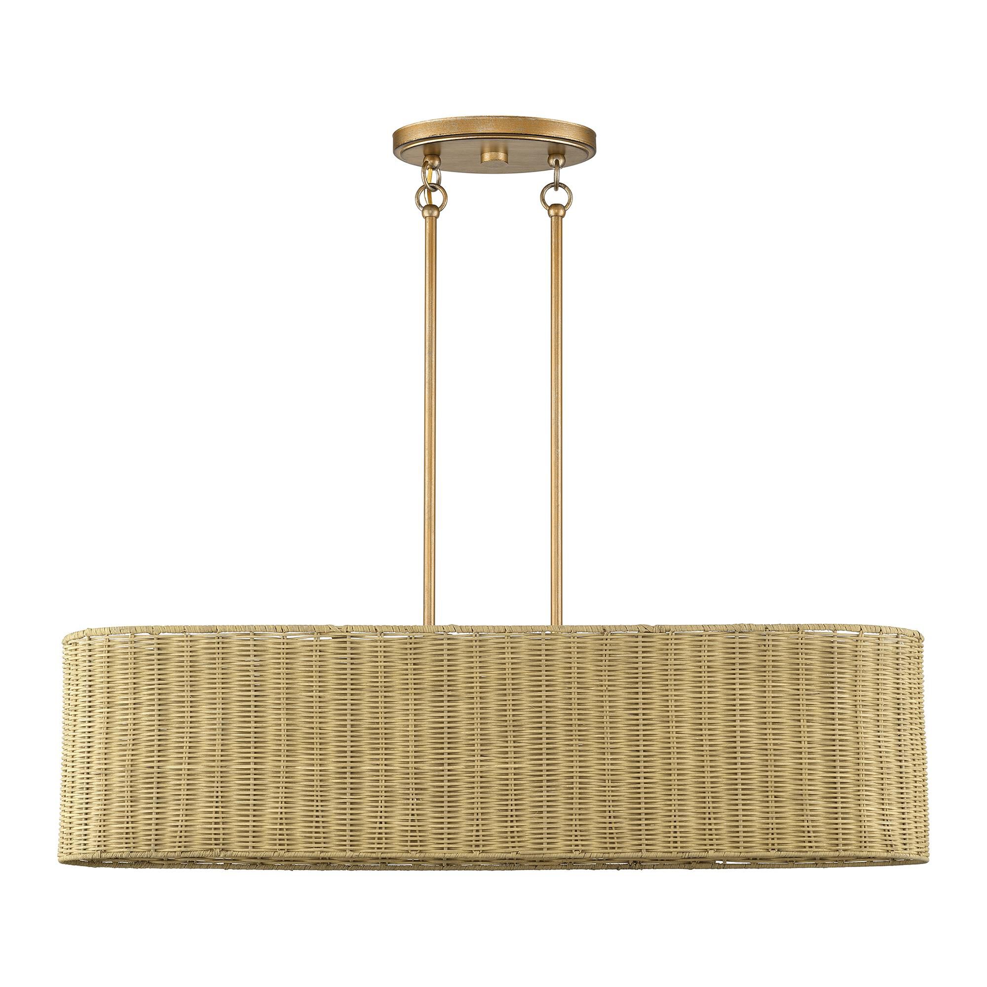 Shown in Antique Gold Leaf finish and Hand-Woven Rustic Walnut Color Rattan shade