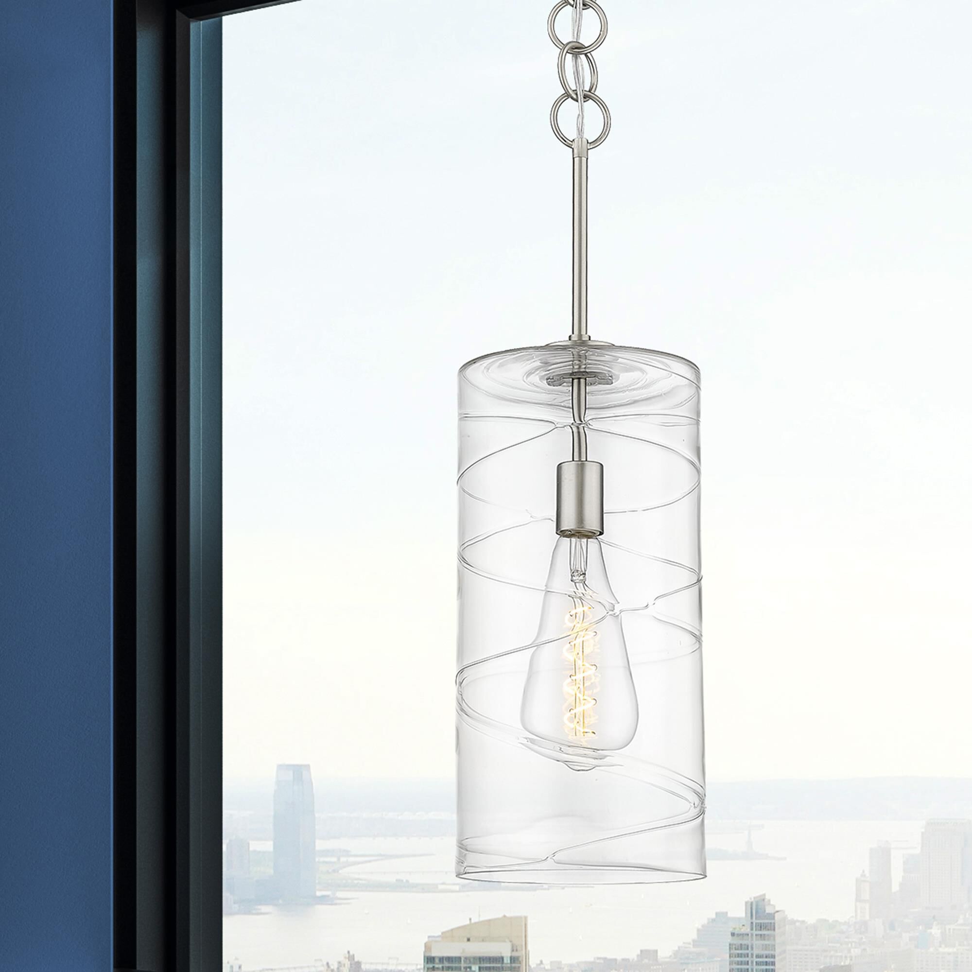 Shown in Brushed Satin Nickel  finish and Clear Deco Swirl glass