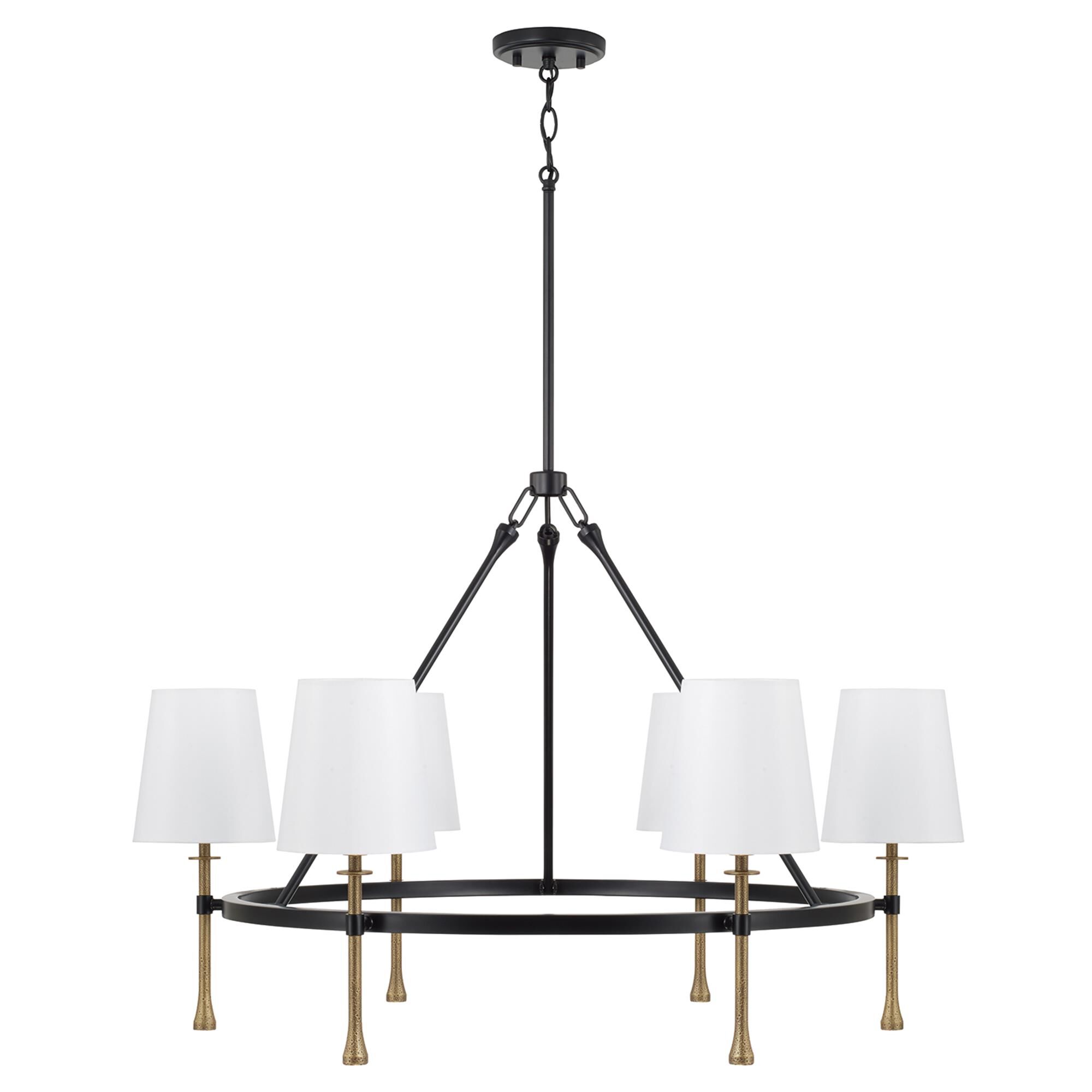 Shown in Matte Black With Hammered Gold finish and White Fabric Stay-Straight s shade