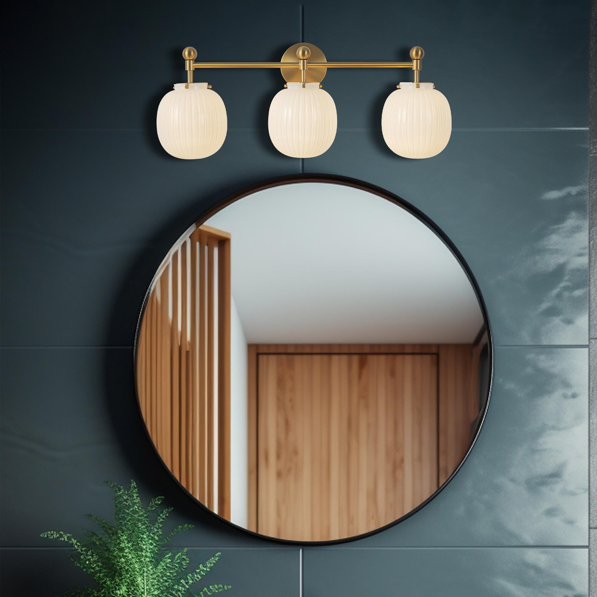 Shown in Brushed Gold finish and Glossy Ribbed Opal glass