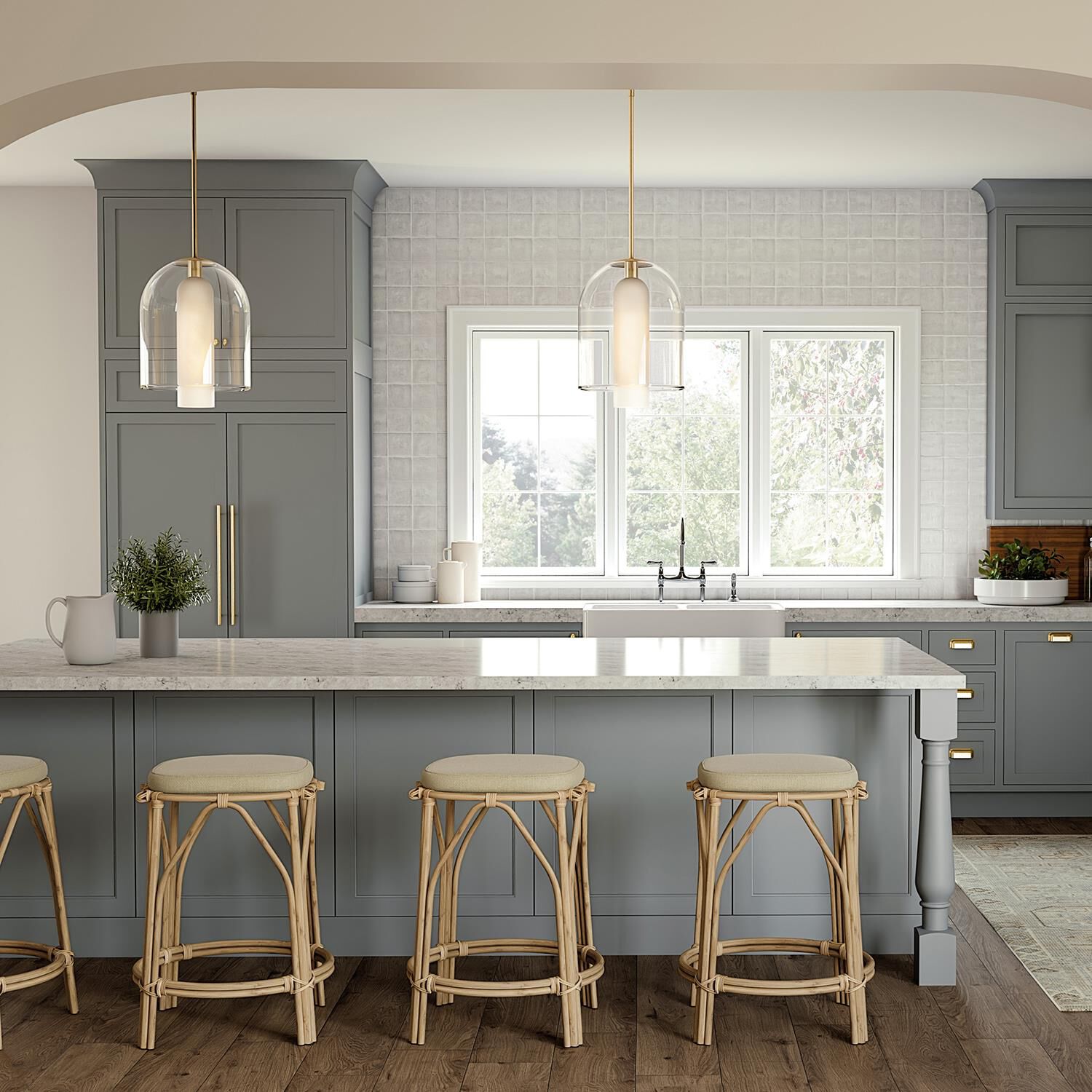 Shown in Aged Brass finish and Clear and Faux Alabaster glass