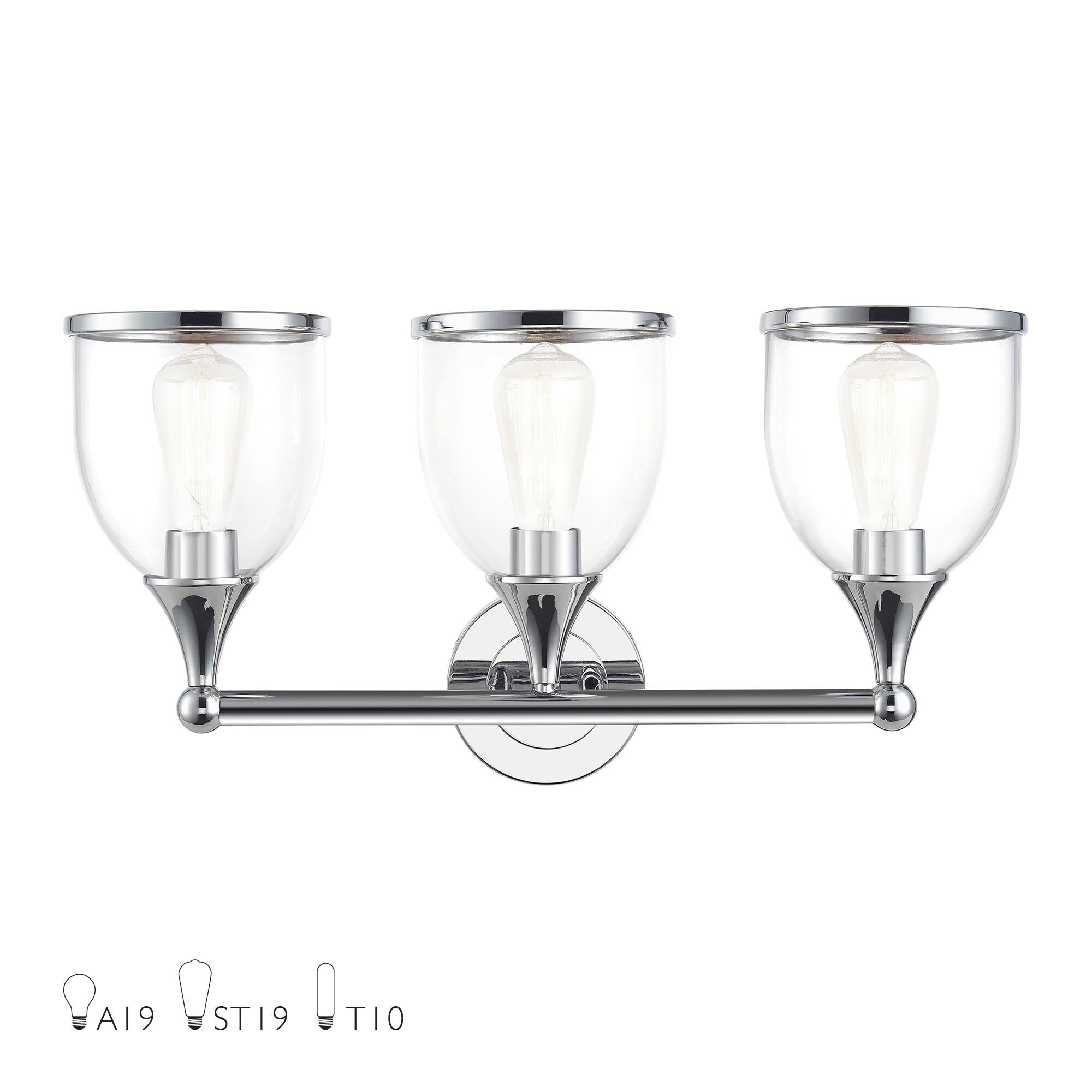Shown in Polished Chrome finish and Mouth Blown Clear glass