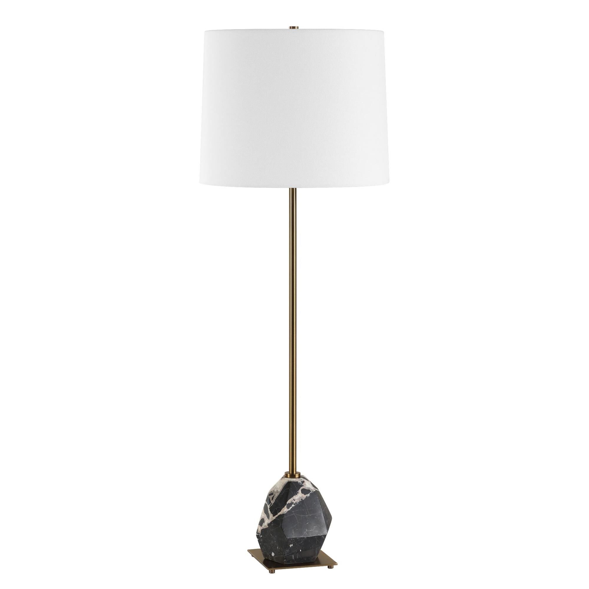 Shown in Black and Brass finish and Round Tapered Hardback shade