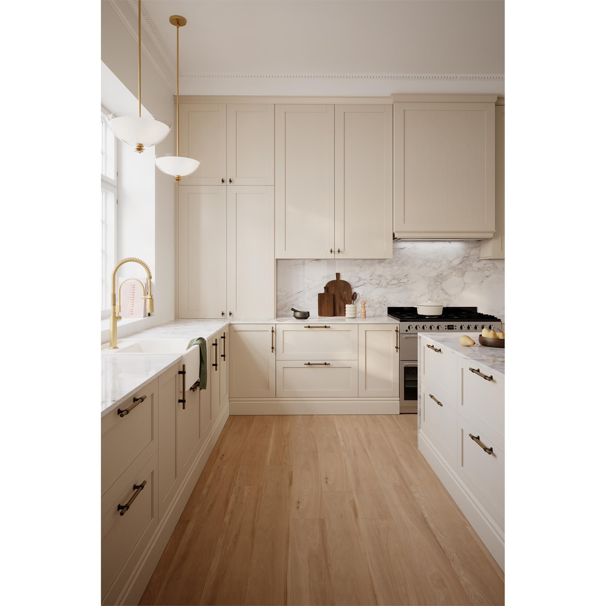 Shown in Legacy Brass finish and Clear and Opal White glass