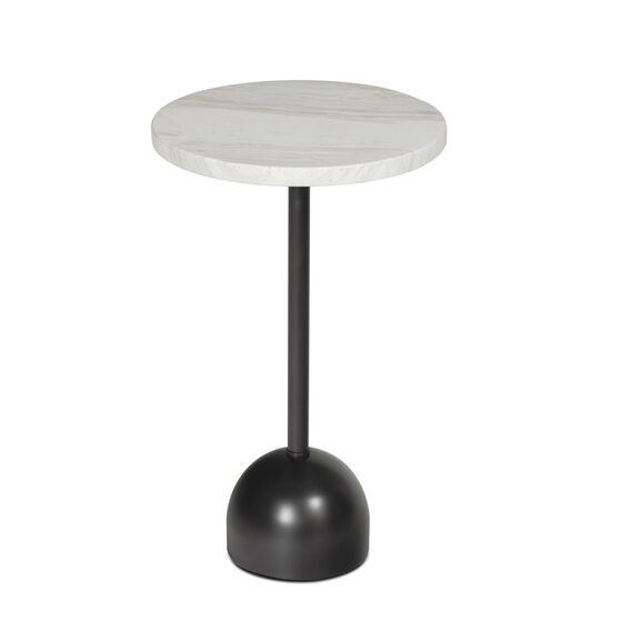 Round accent table with white marble top and black base.