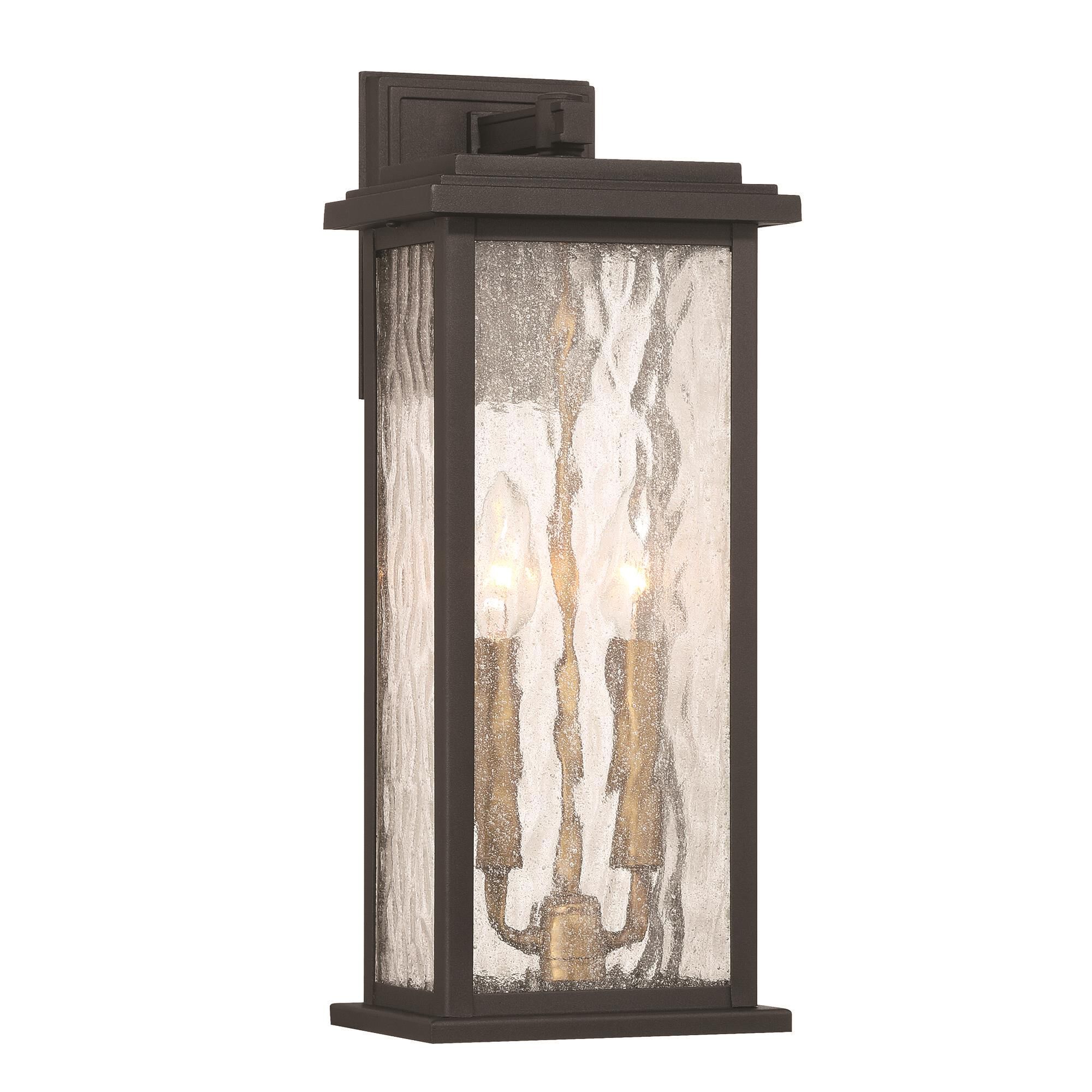 Shown in Black and Brass finish and Rain glass
