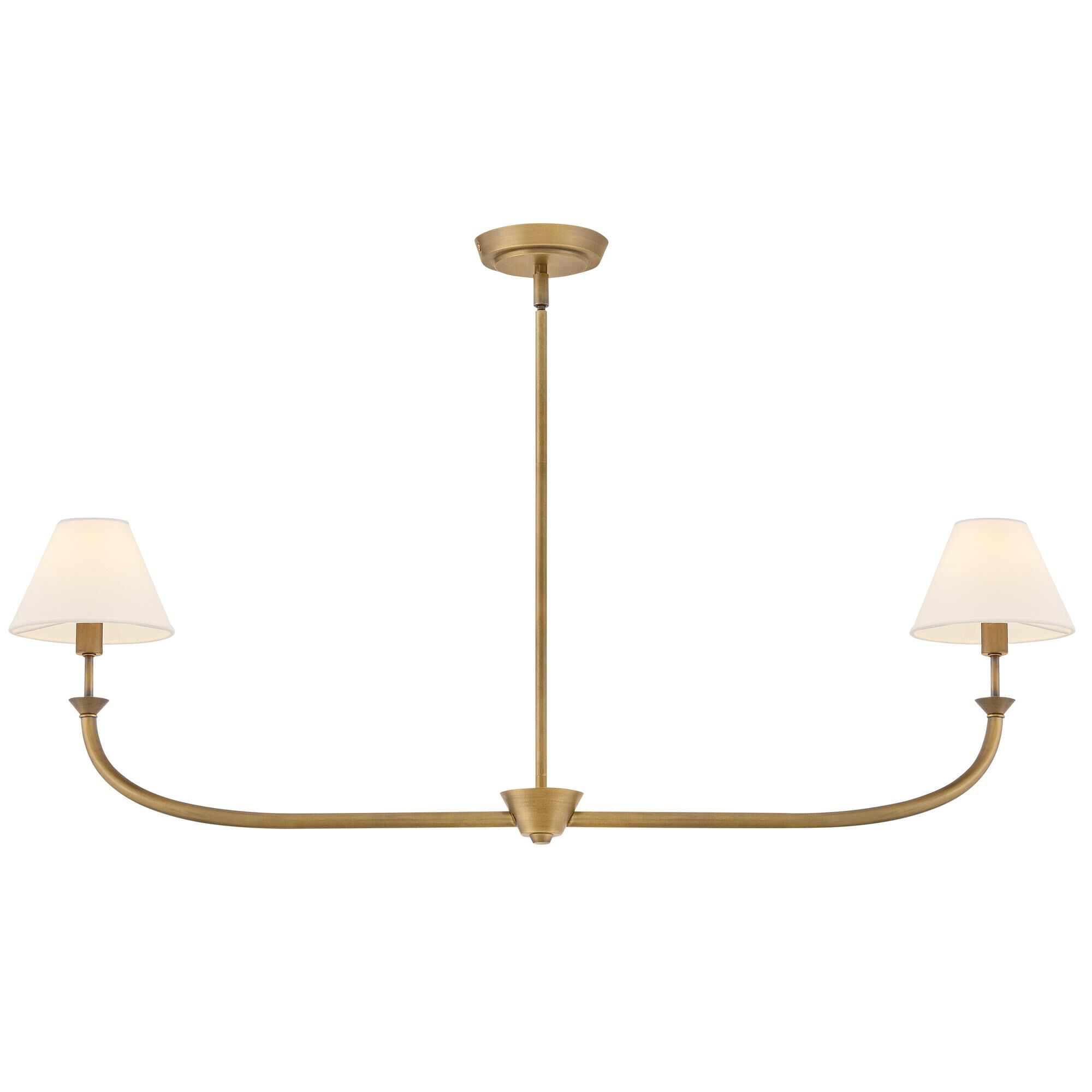 Shown in Heritage Brass finish and Off-White Linen shade