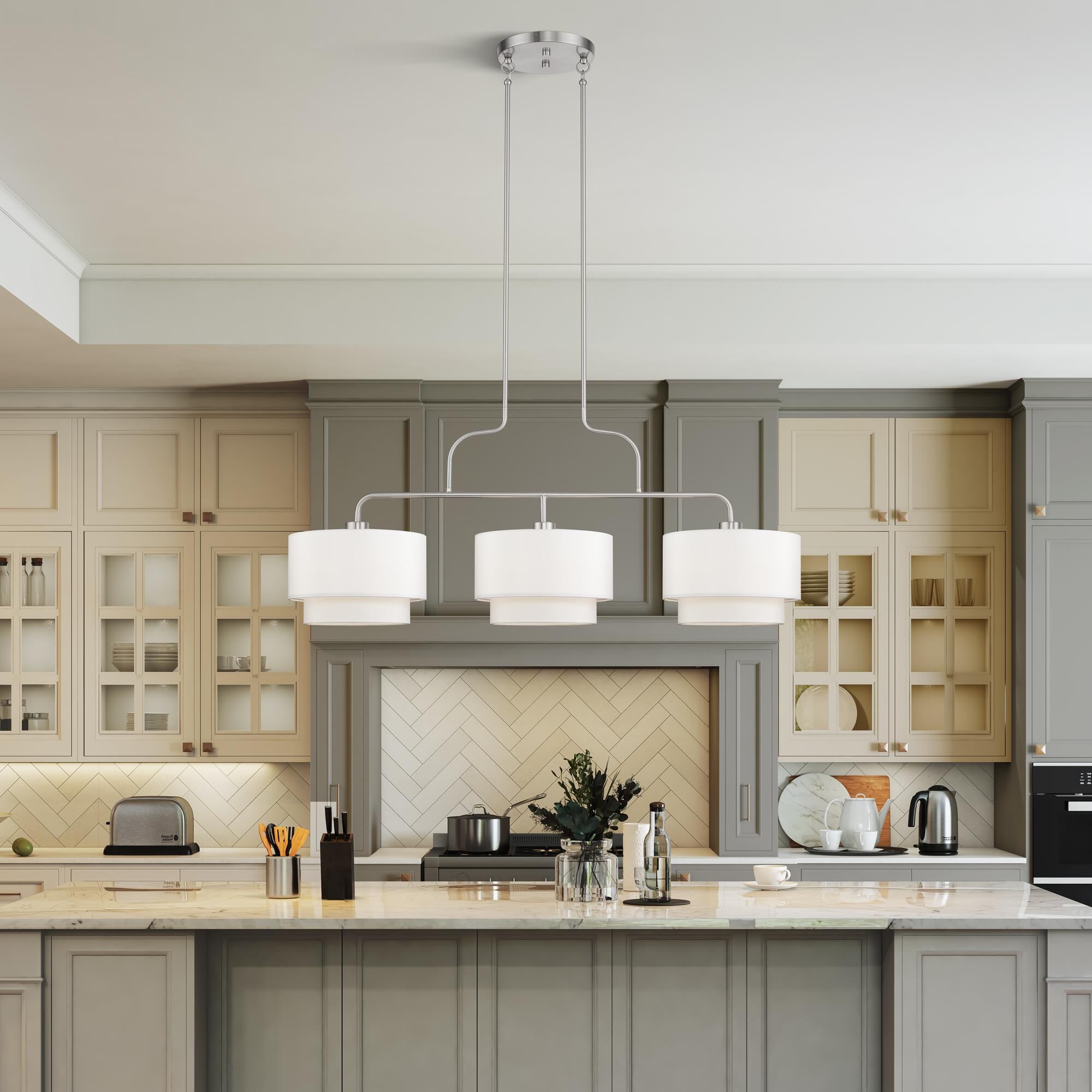 Shown in Brushed Nickel finish and Hand Crafted Off-White Fabric Hardbacks with White Fabric Inside shade