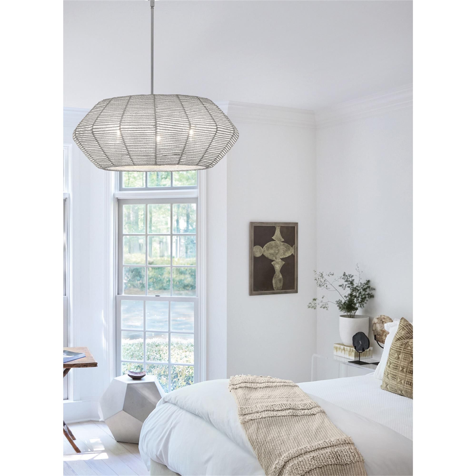 Shown in Polished Chrome finish and Natural Rattan shade