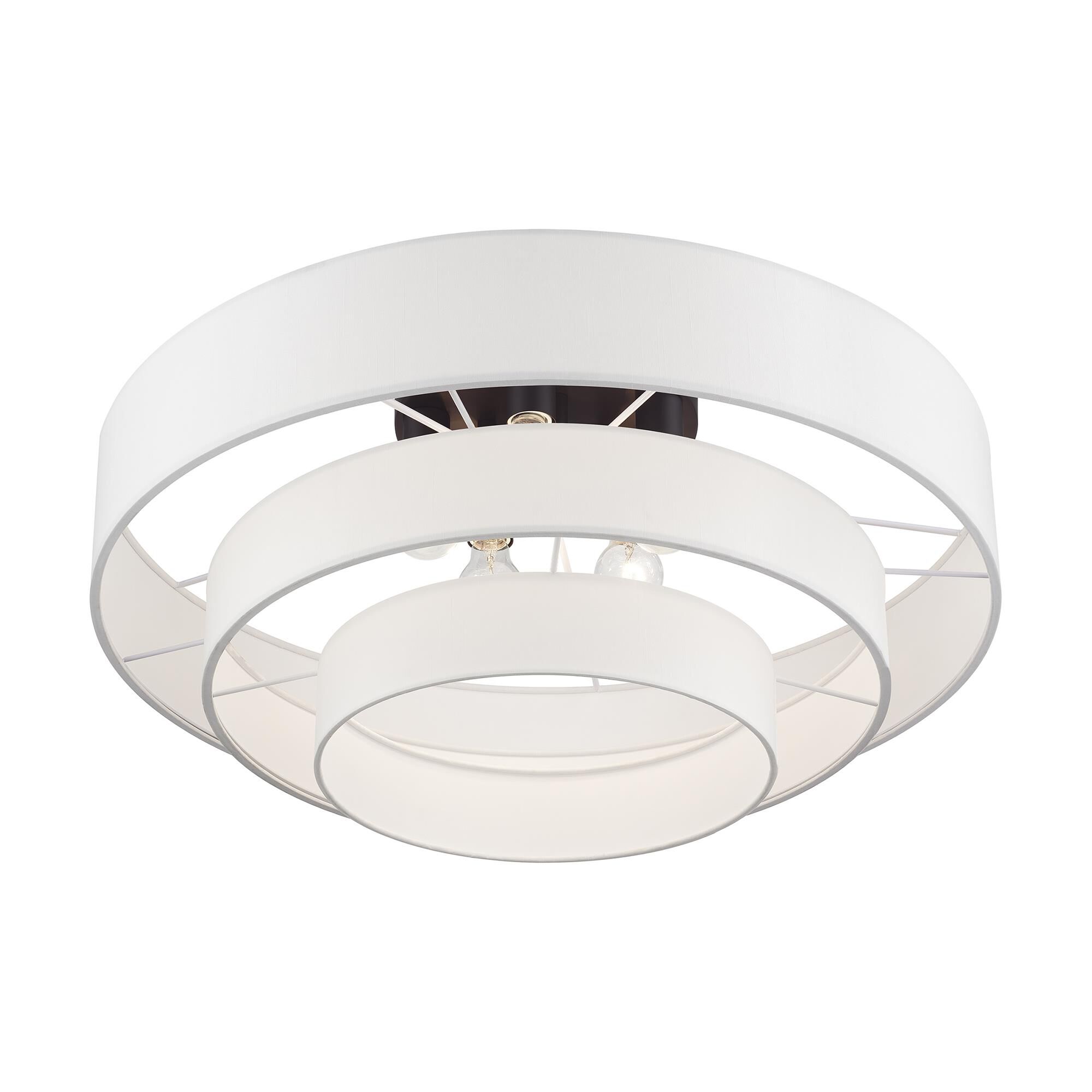 Shown in Bronze finish and Hand Crafted Off-White Fabric Hardbacks with White Fabric Inside shade