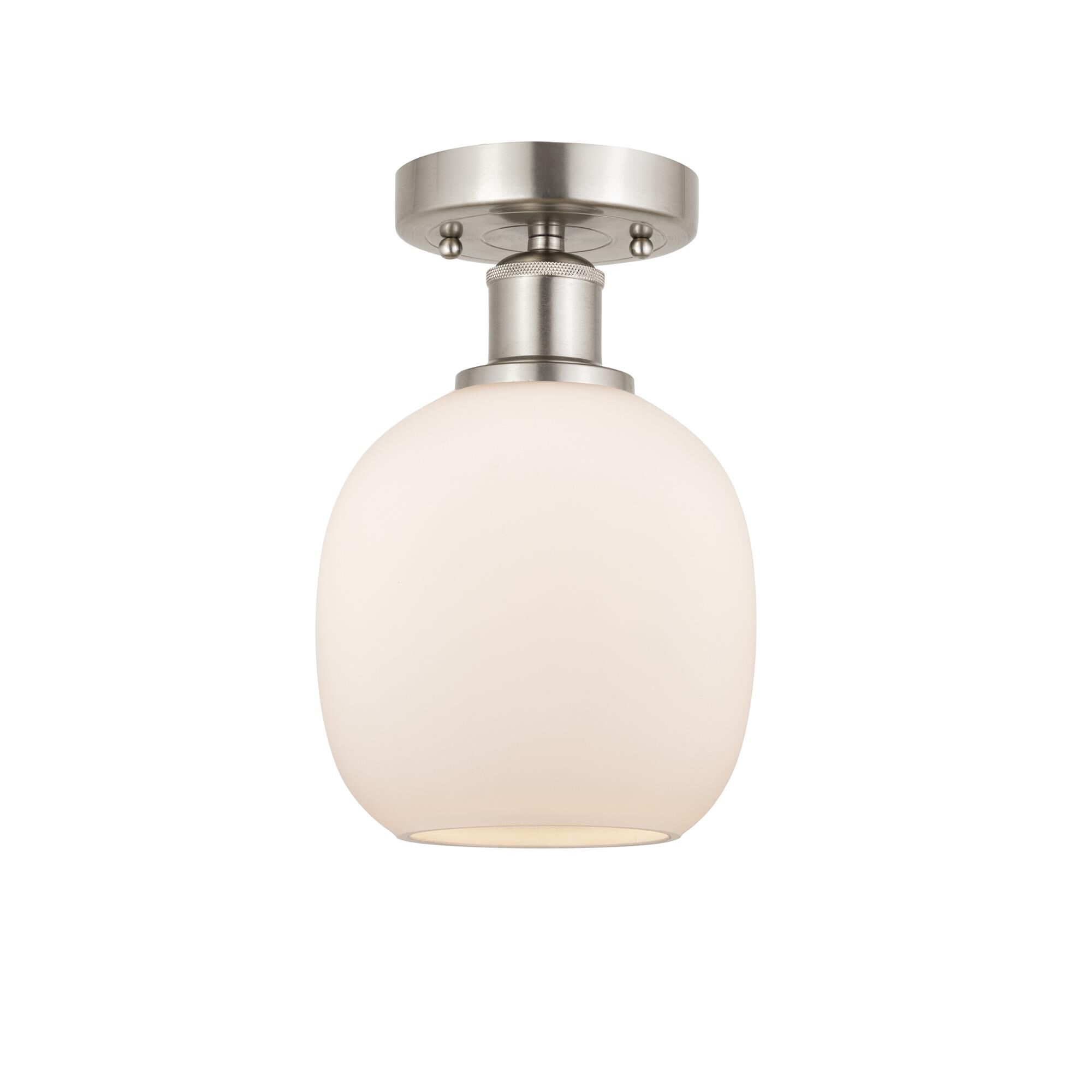 Shown in Brushed Satin Nickel finish and Matte White glass