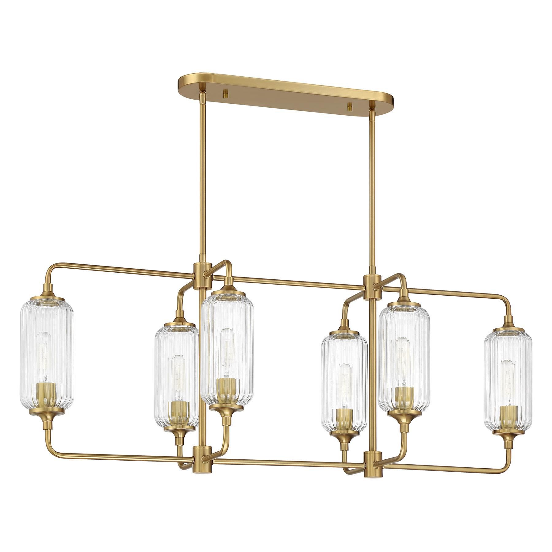 Shown in Warm Brass finish and Clear Ribbed glass