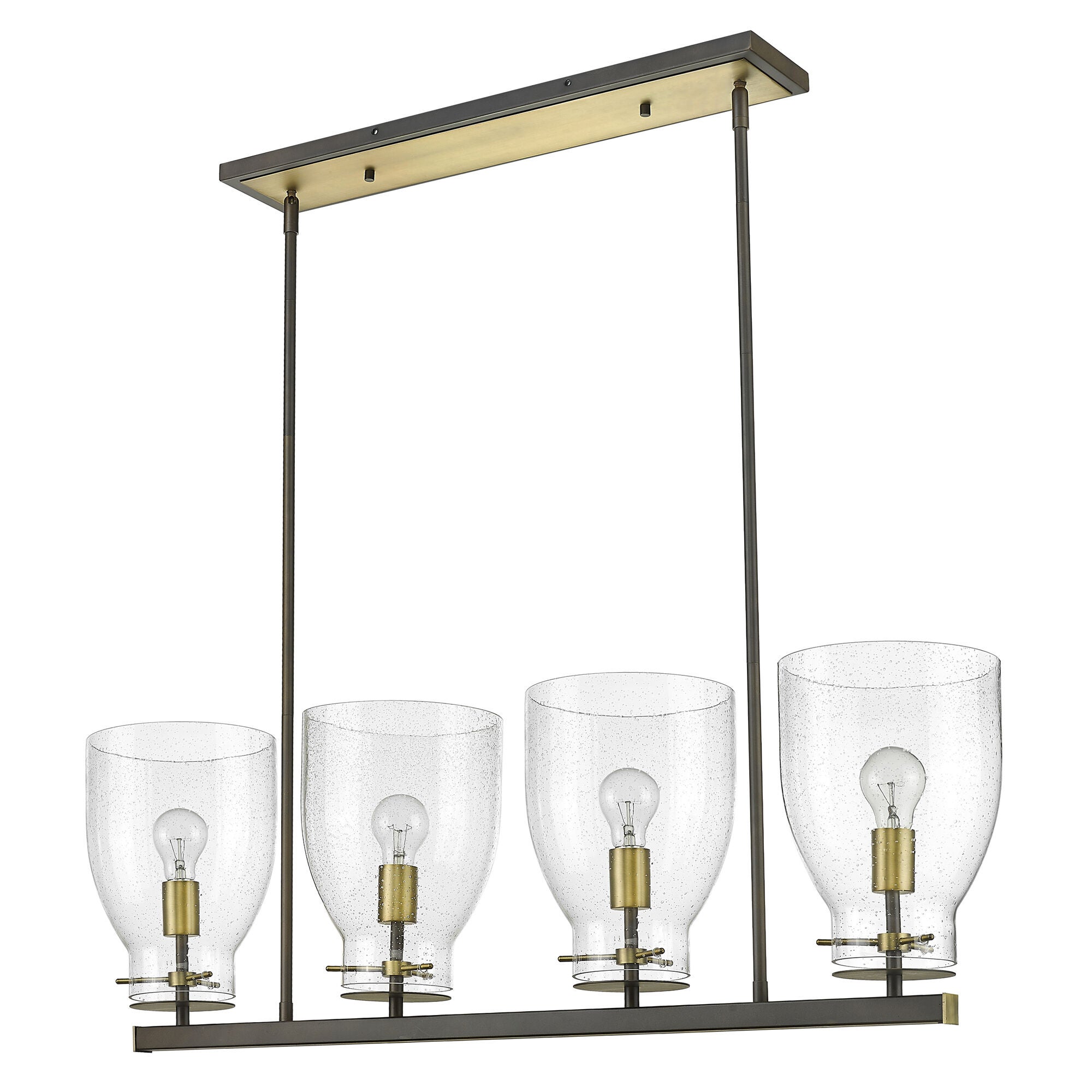 Shown in Oil Rubbed Bronze And Antique Brass finish and Clear Seedy Glass shade