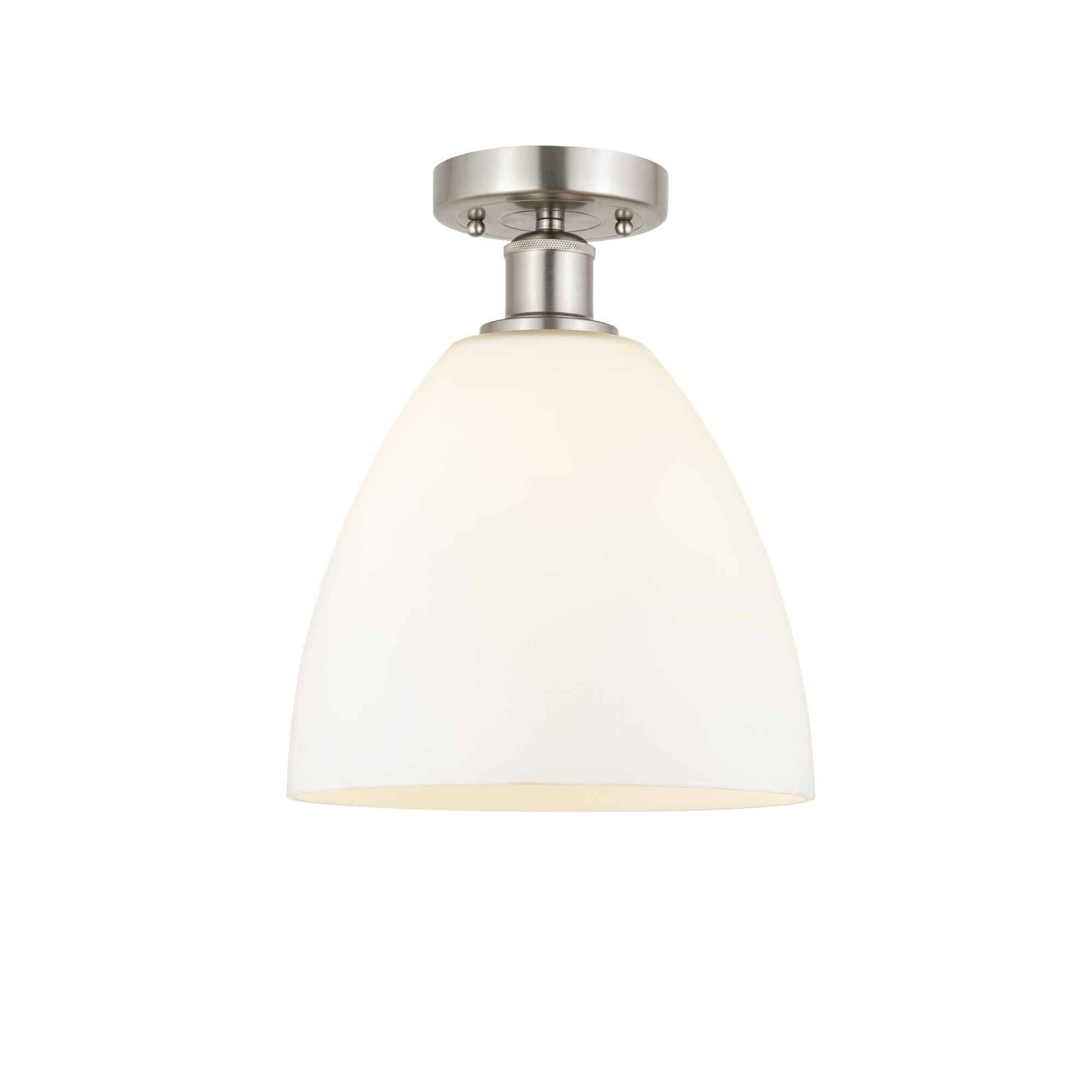 Shown in Brushed Satin Nickel finish and Matte White glass