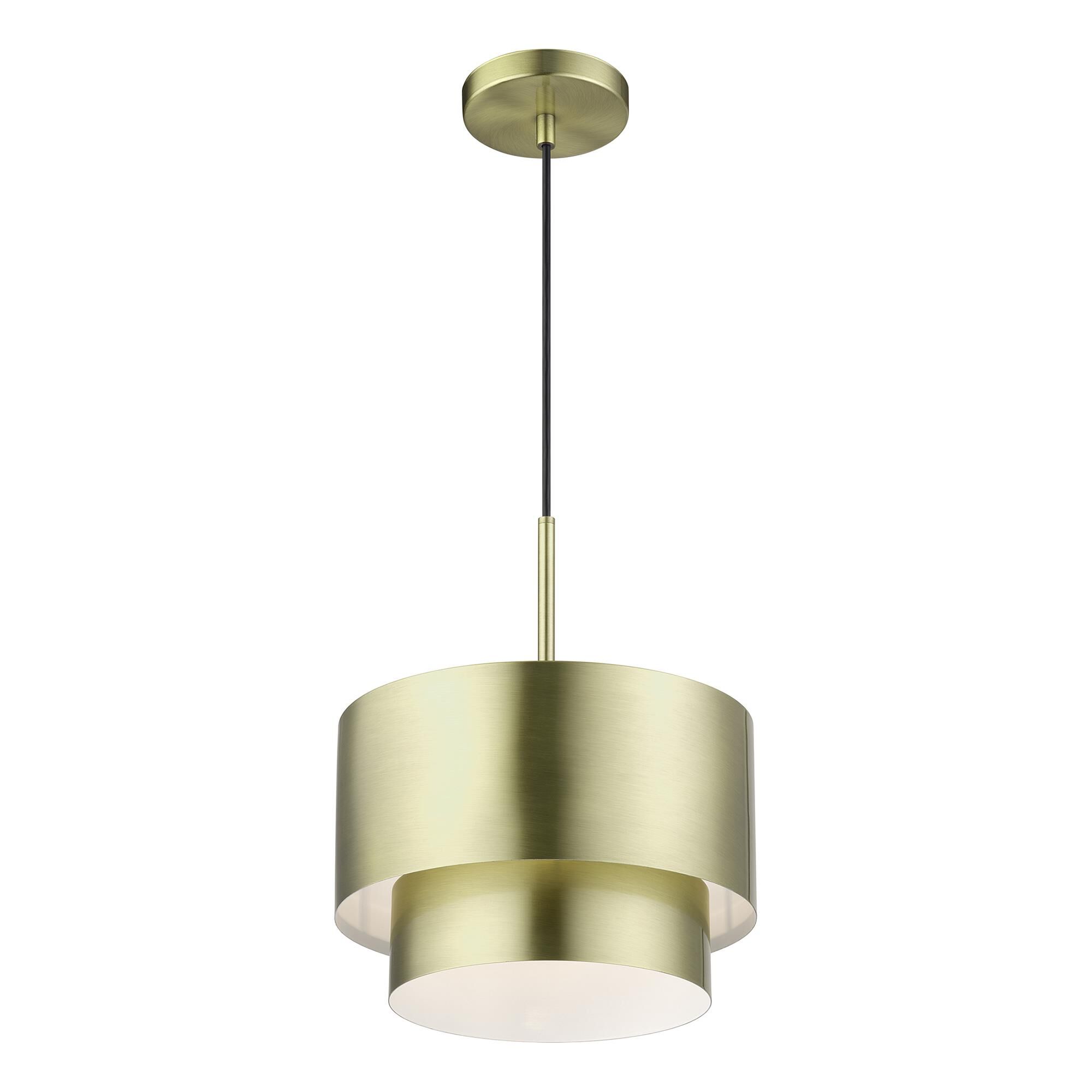 Shown in Antique Brass finish and Antique Brass Steel with Shiny White Inside shade