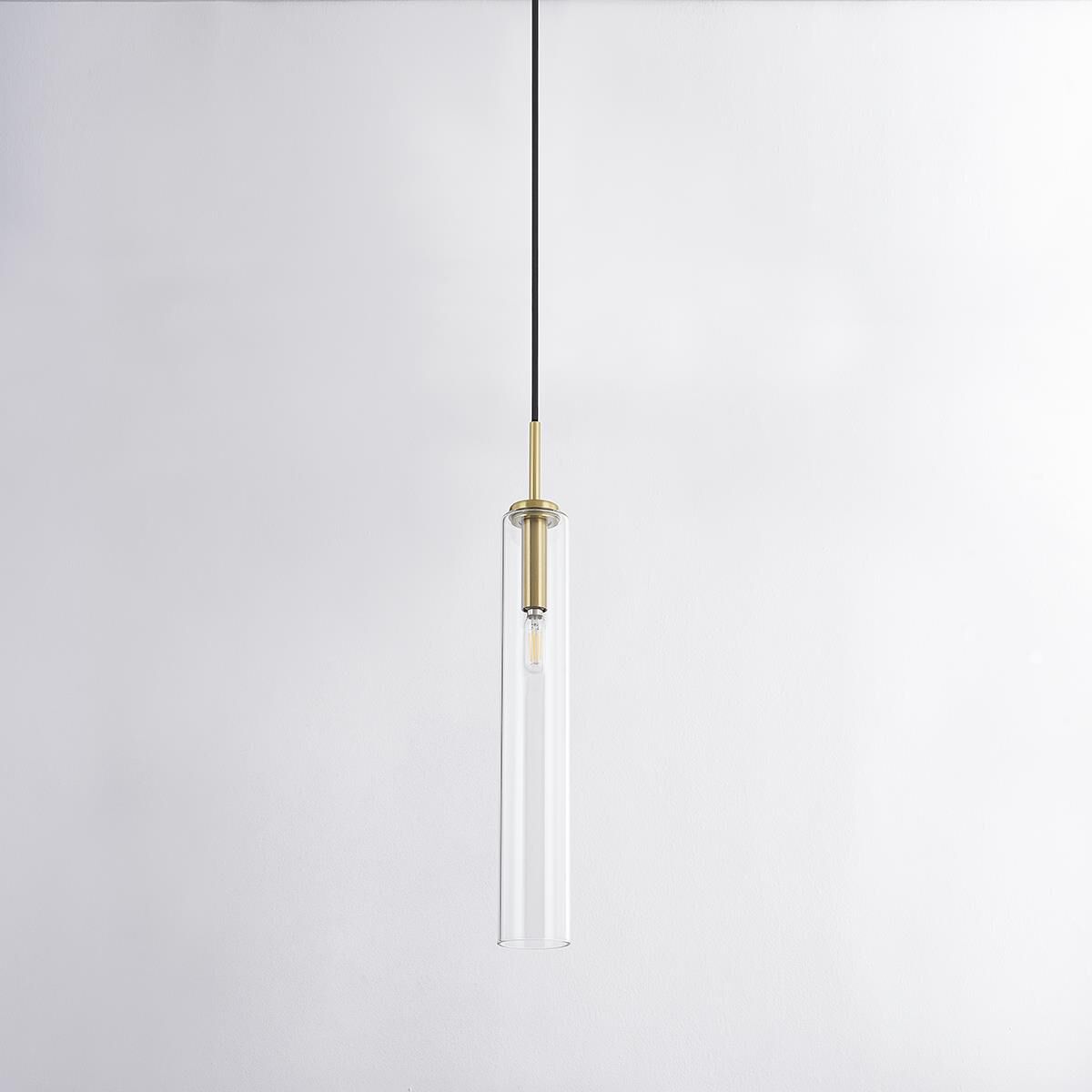 Shown in Aged Brass finish and Clear Borosilicate glass