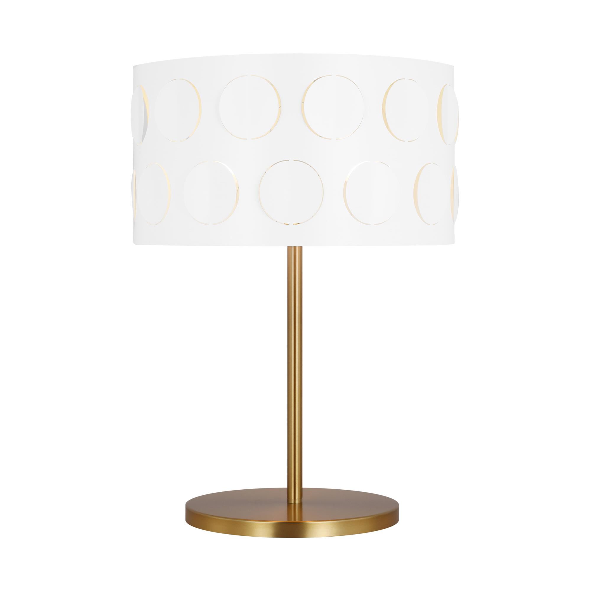 Shown in Burnished Brass finish and White Linen Fabric shade