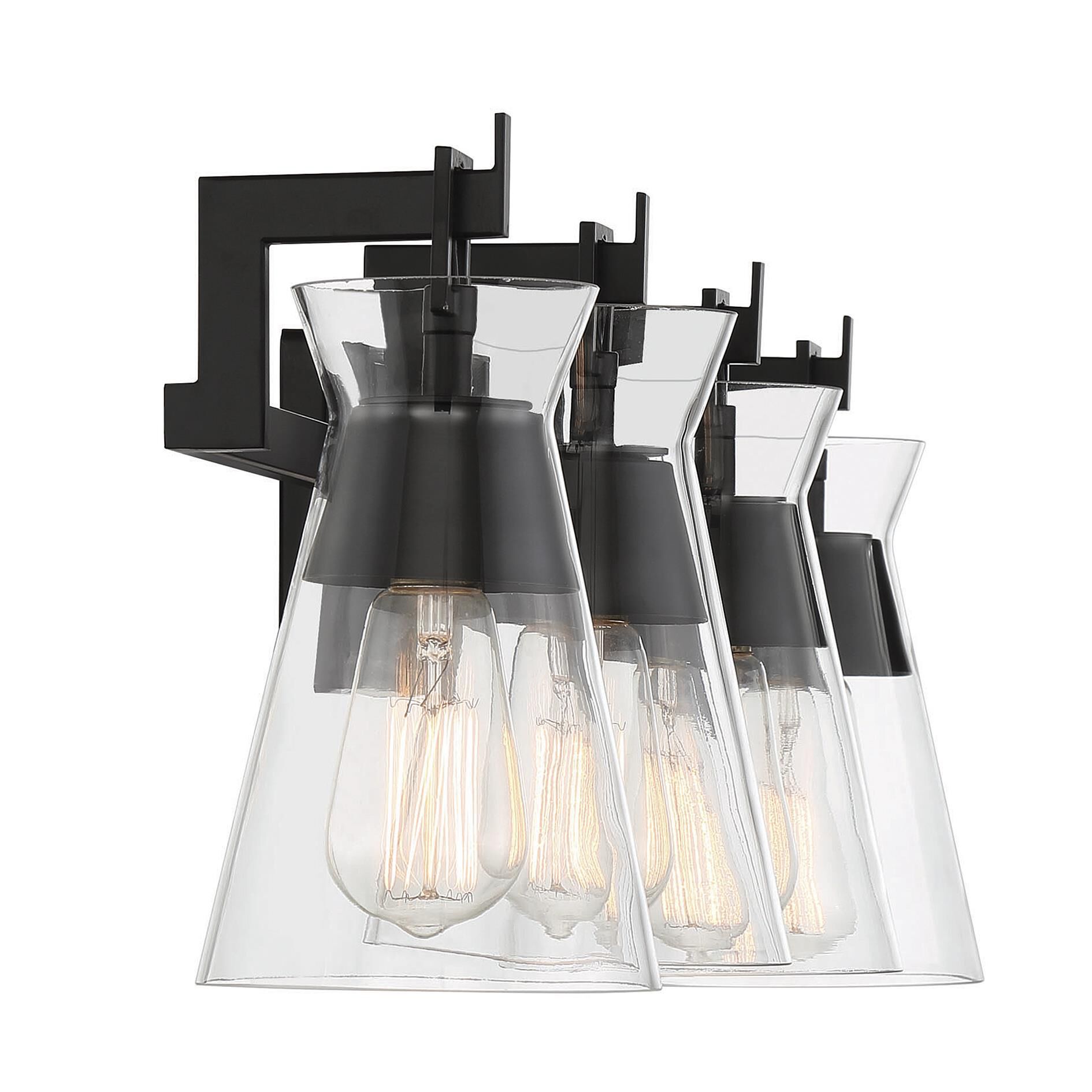 Shown in Matte Black finish and Clear glass and Glass shade