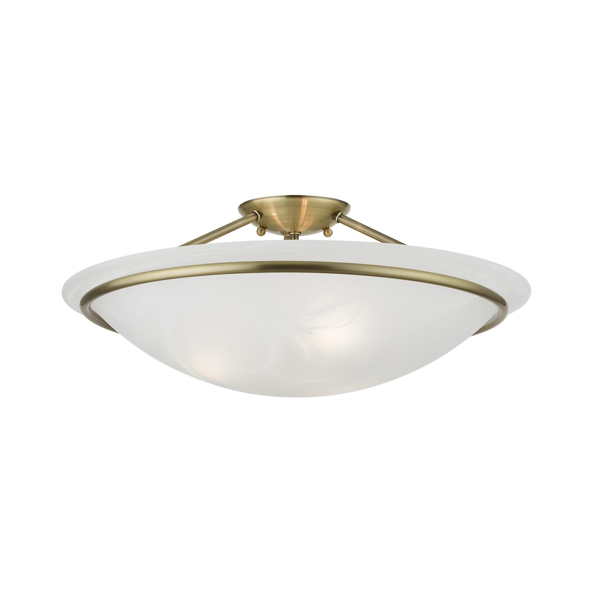 Shown in Antique Brass finish and White Alabaster glass and White Alabaster Glass shade