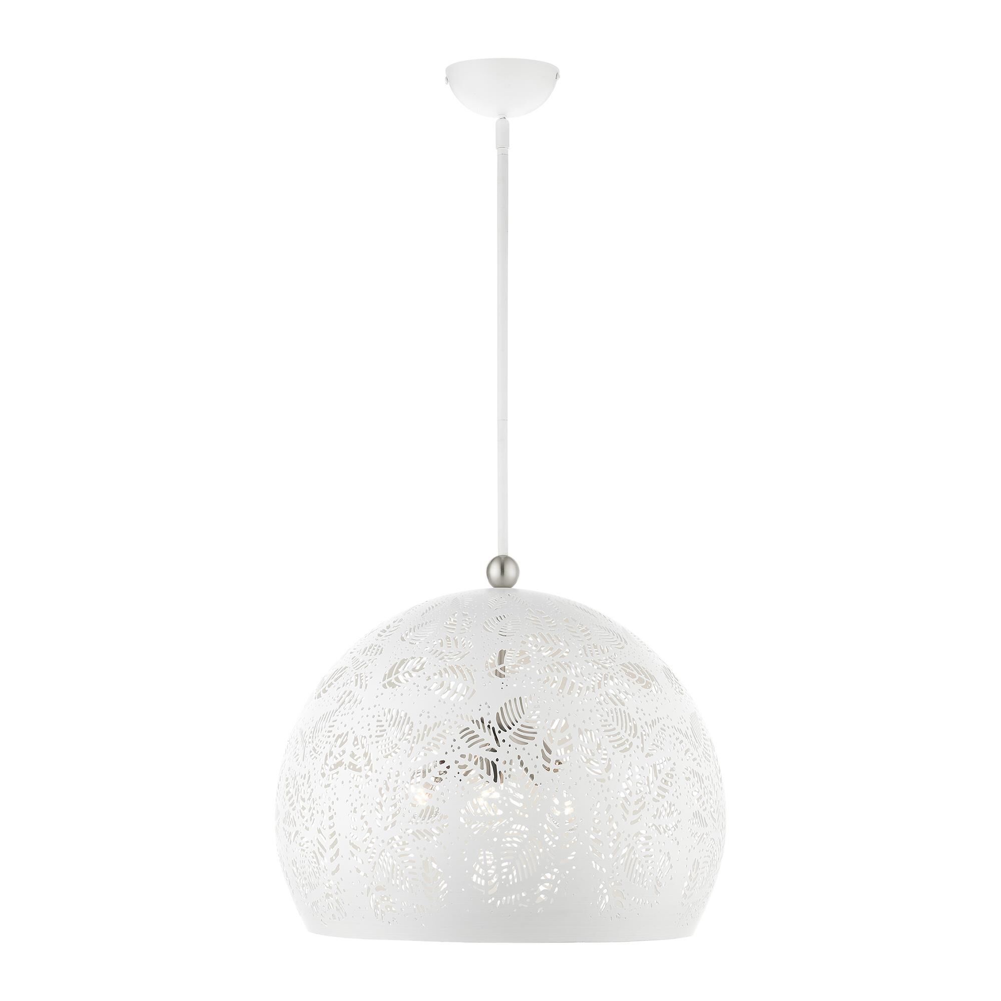 Shown in White With Brushed Nickel Accents finish and White Ornamental Metal Shade With White Finish Inside glass and White Ornamental Metal  With White Finish Inside shade