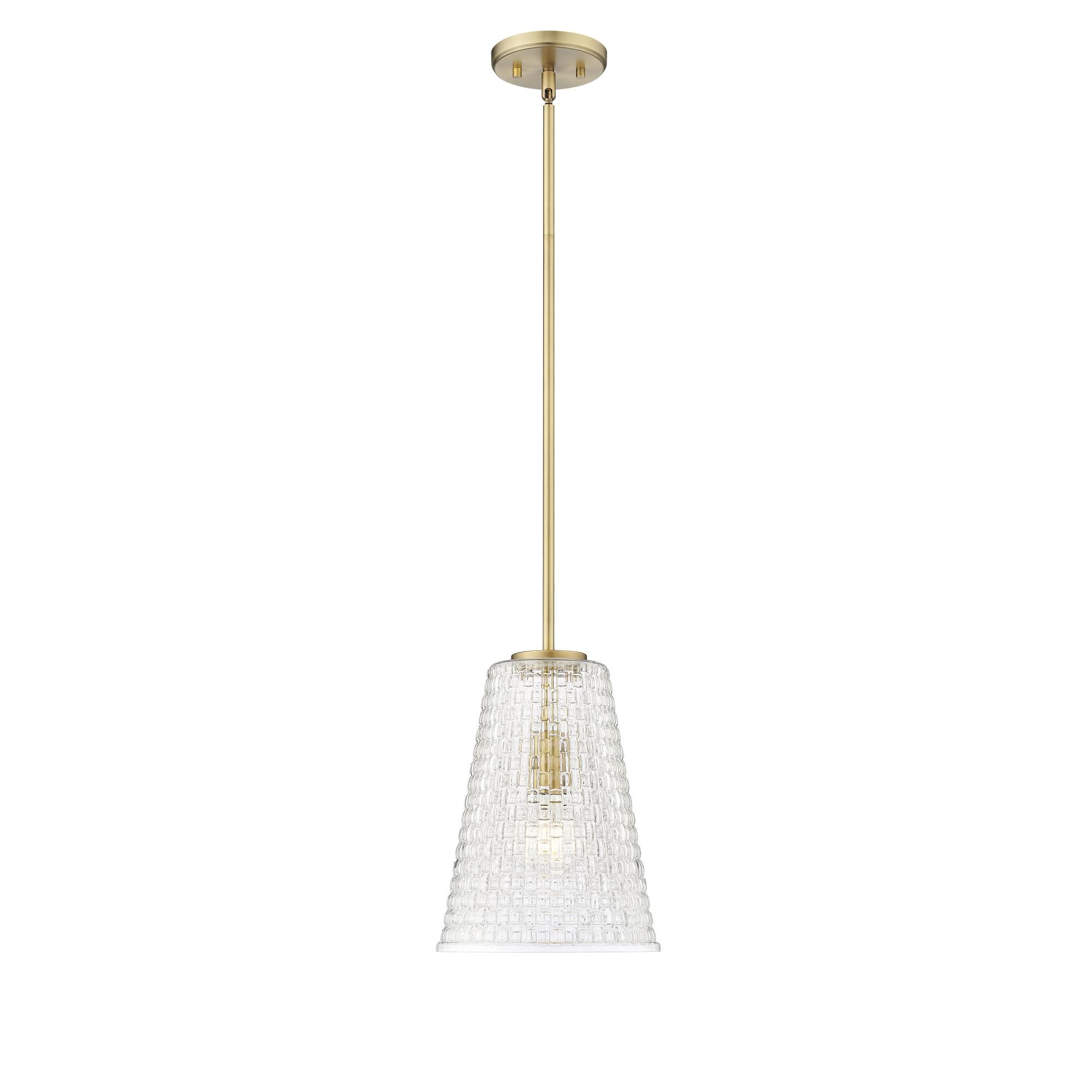 Shown in Vintage Brass finish and Clear Woven Lattice glass