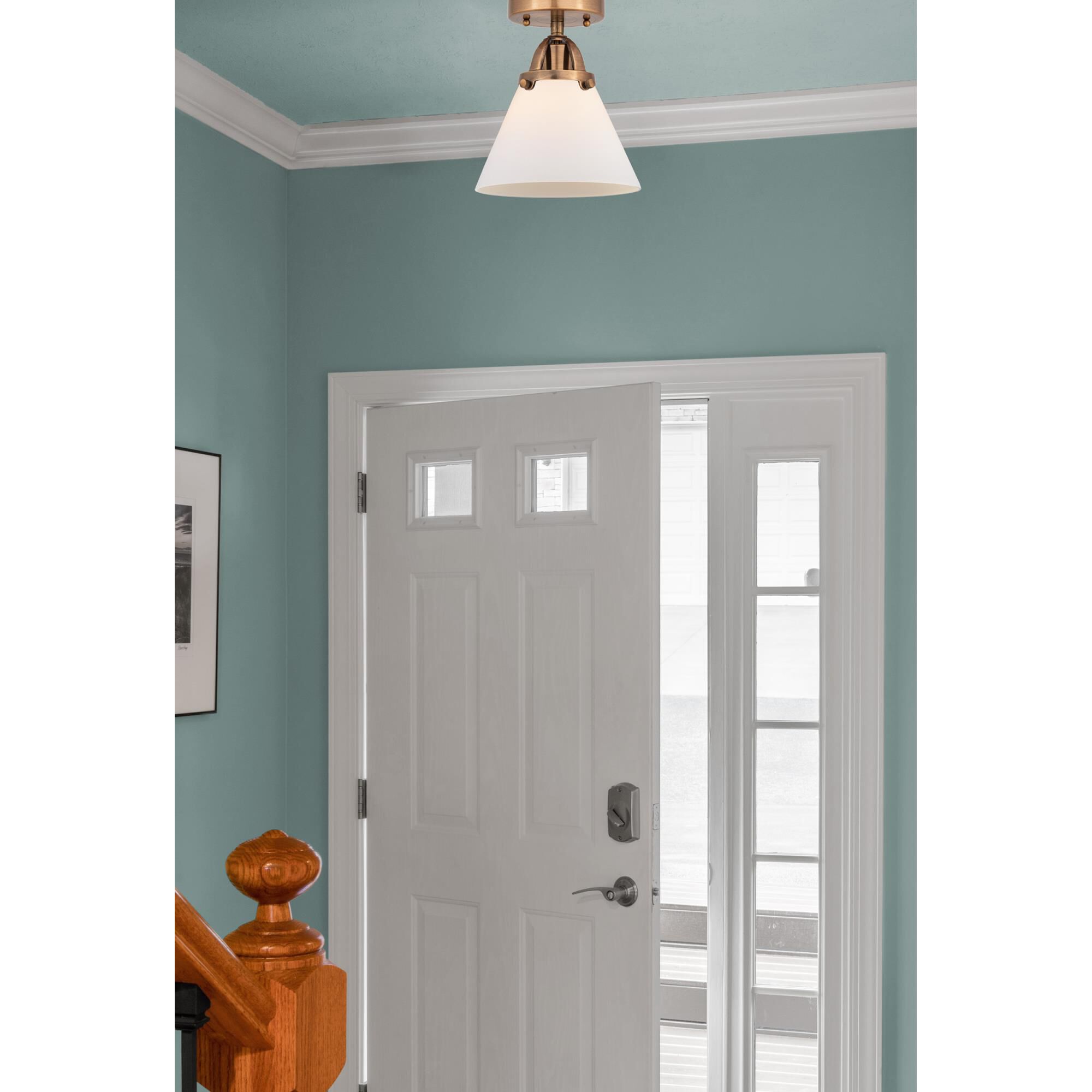 Shown in Antique Copper finish and Matte White Cased Large Cone glass and No Shade shade