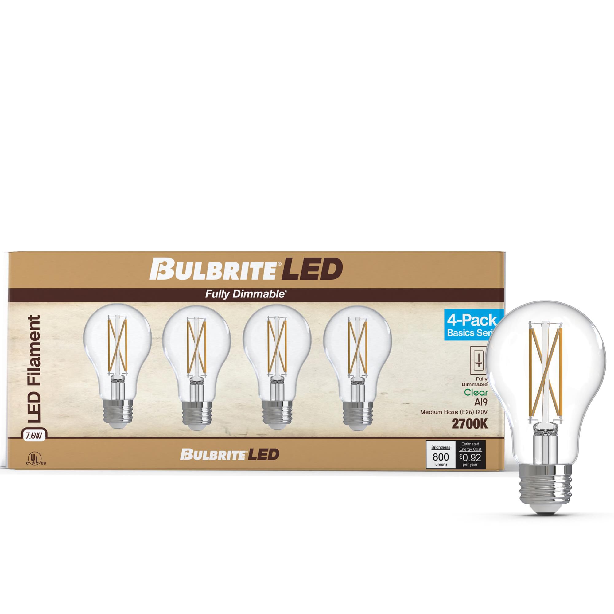 Clear A19 Base E26 2700K LED Light Bulb Pack of 4 by Bulbrite