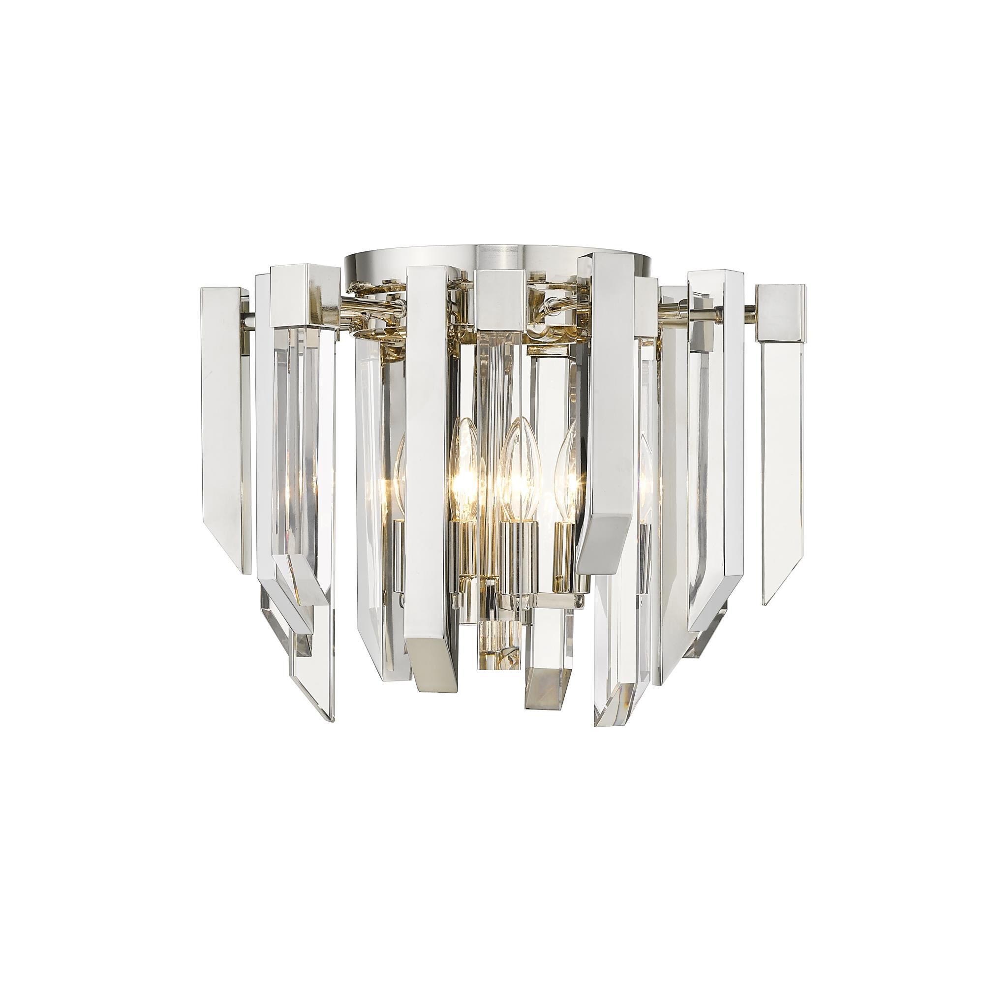 Shown in Polished Nickel finish and Crystal glass and Crystal shade