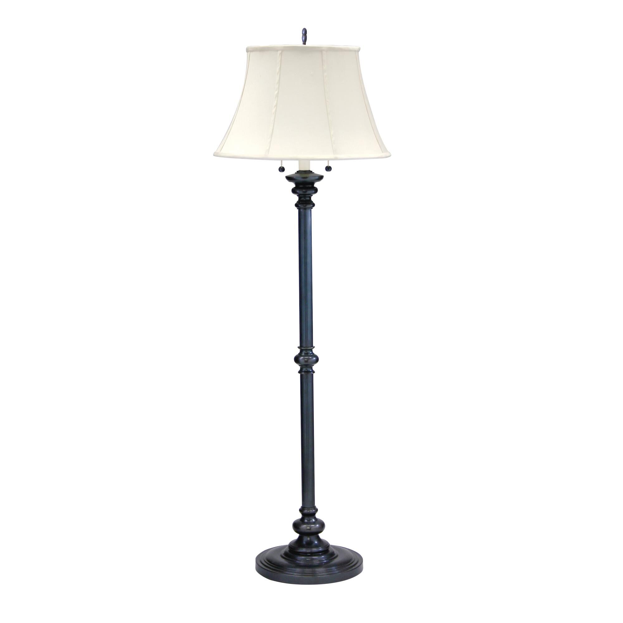 Shown in Oil Rubbed Bronze finish and Off-White Linen Softback shade