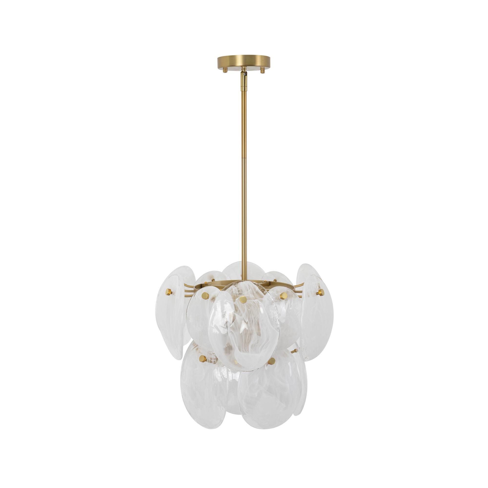 Shown in Brushed Brass finish and Wispy White Murano Style glass