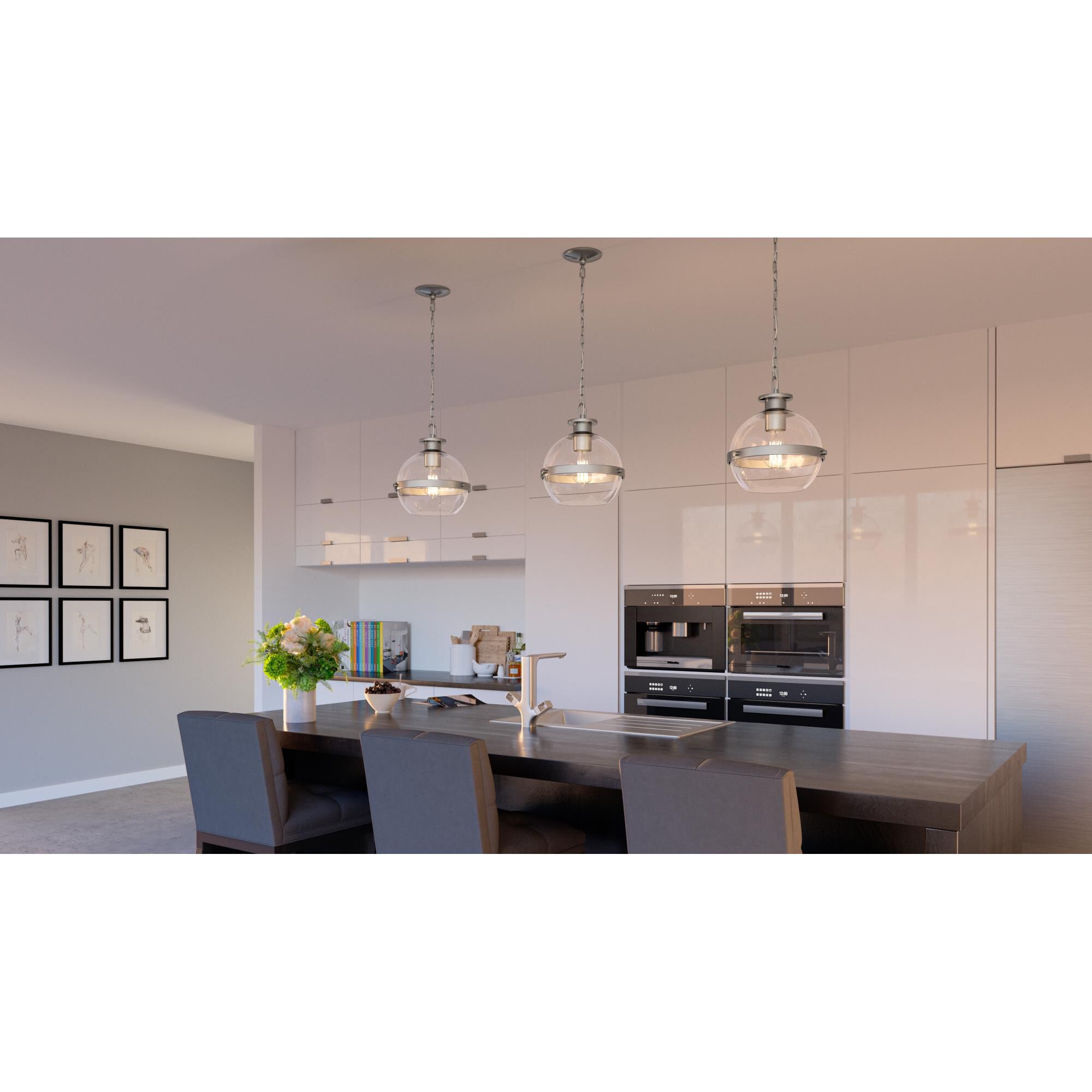 Shown in Brushed Nickel finish and Clear shade