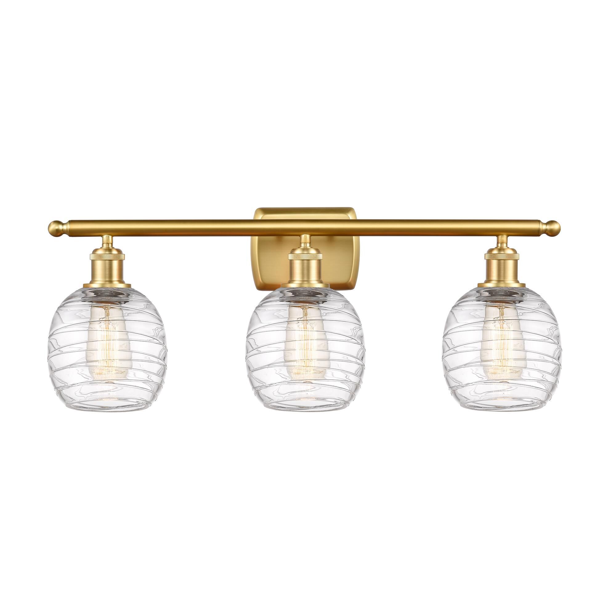 Shown in Satin Gold finish and Deco Swirl Belfast glass
