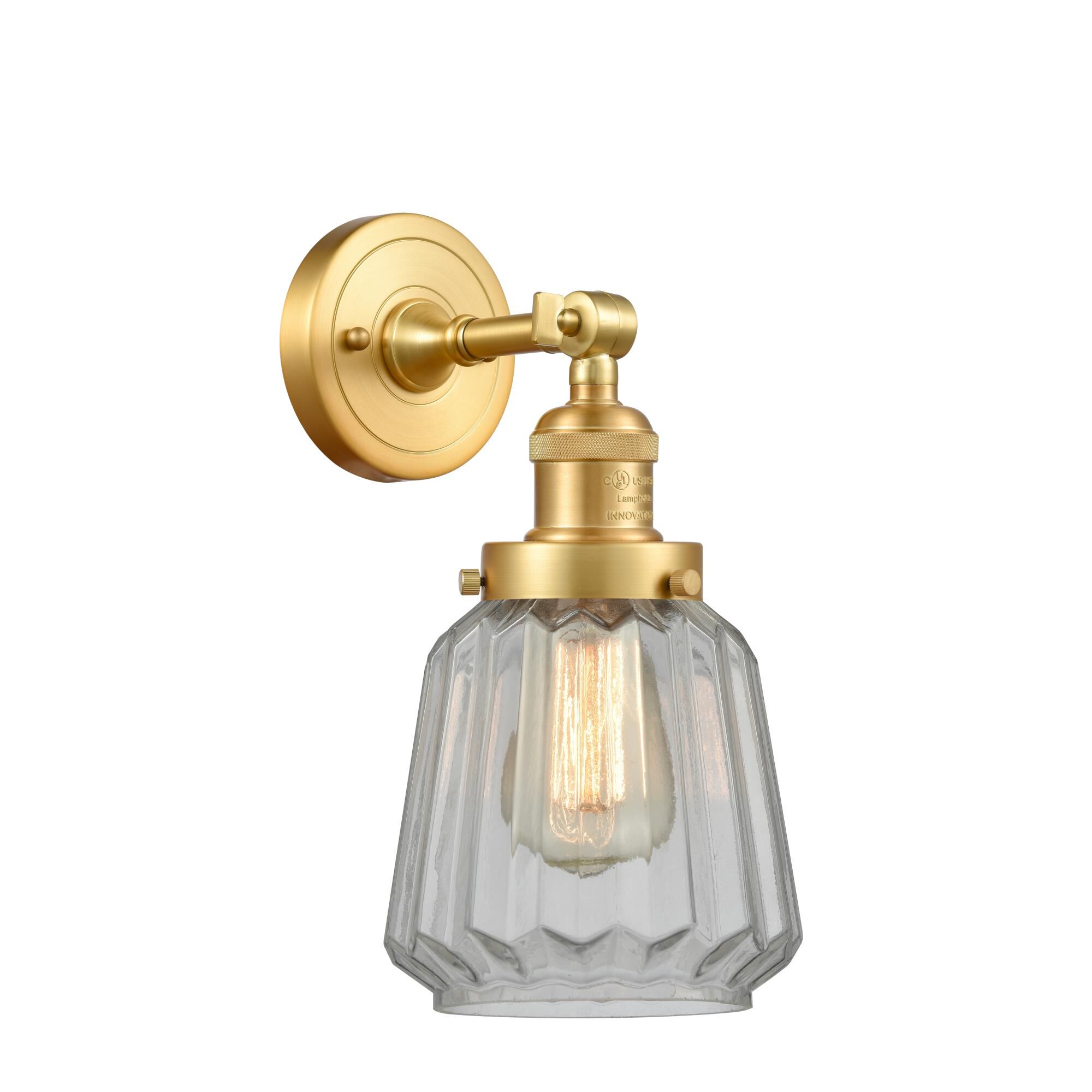 Shown in Satin Gold finish and Clear Chatham glass