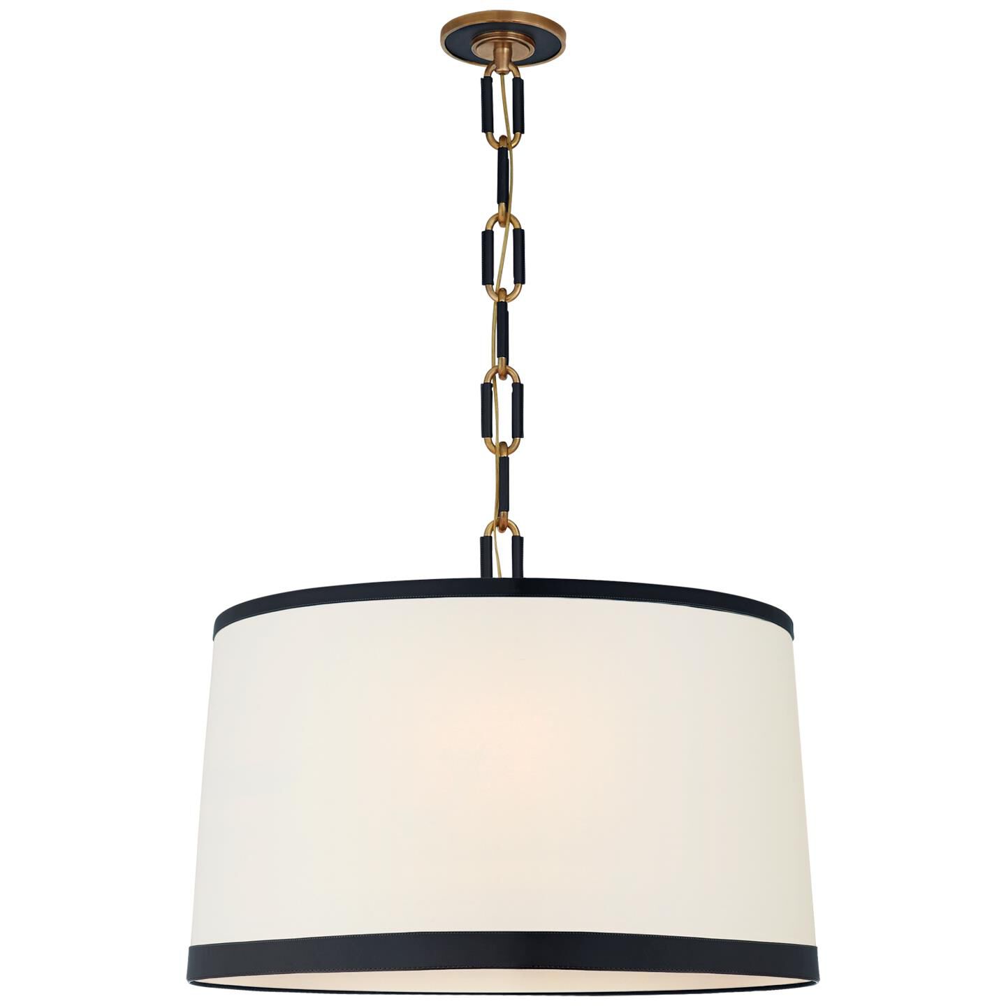 Shown in Natural Brass With Navy Leather finish and Linen shade