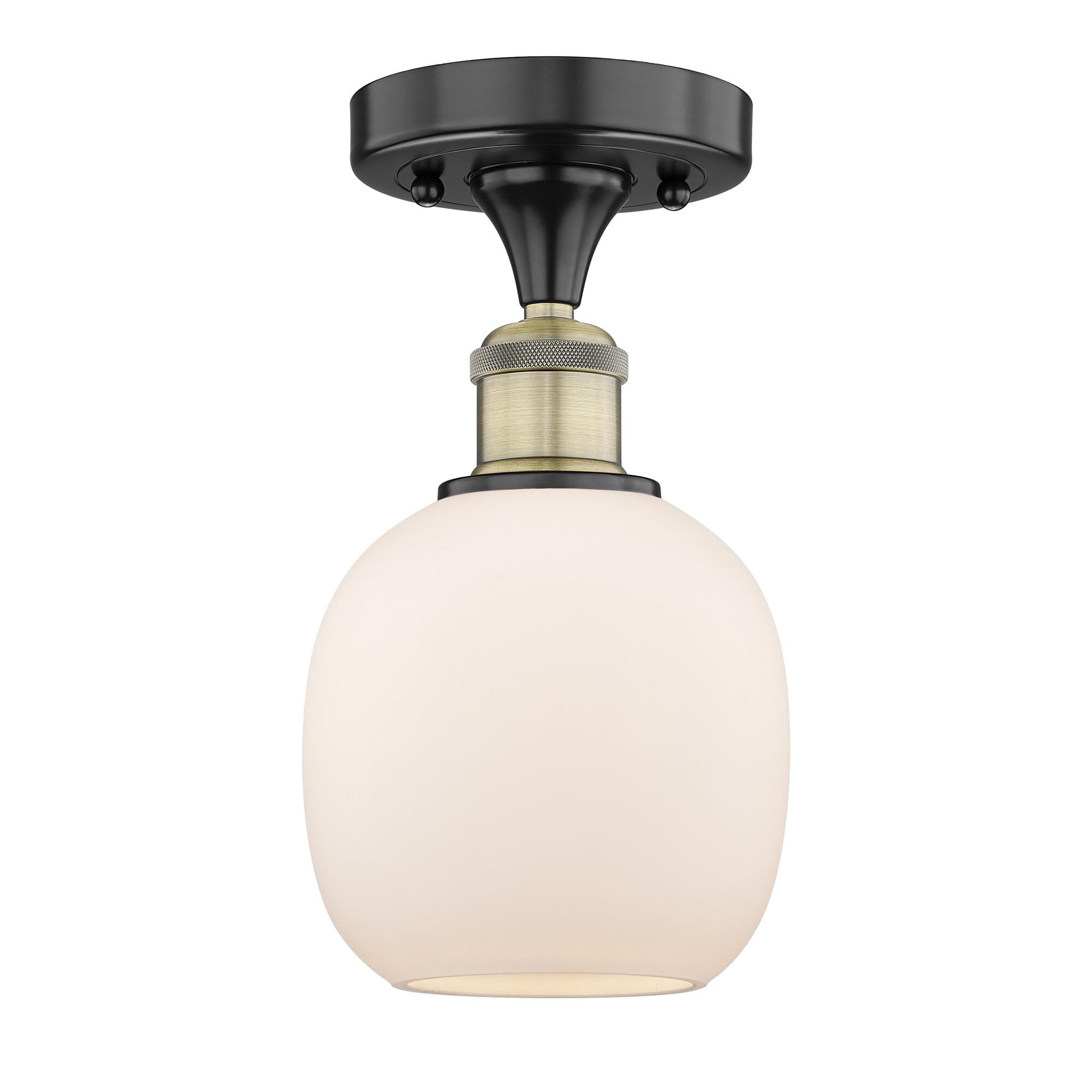 Shown in Black Antique Brass finish and Matte White glass