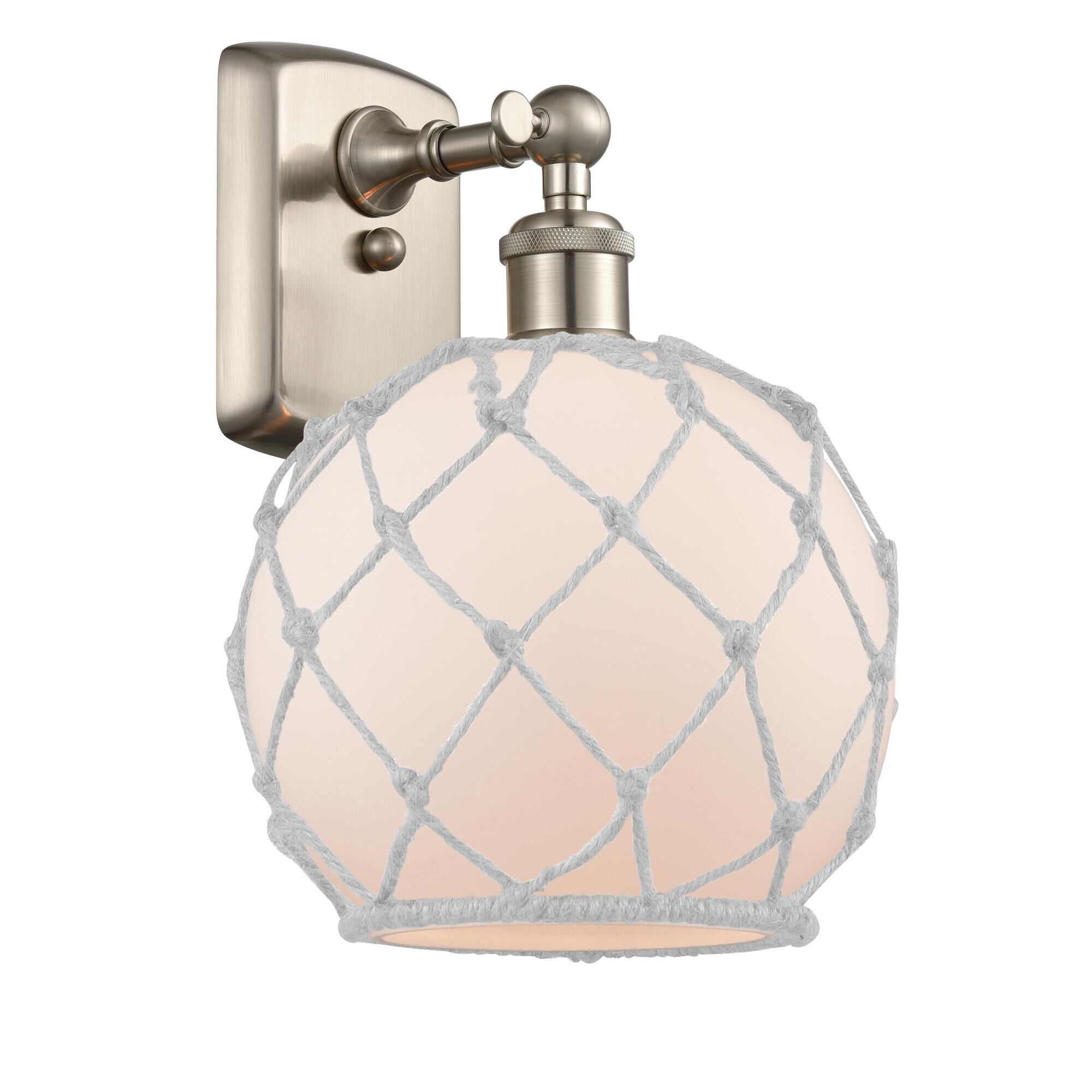 Shown in Brushed Satin Nickel finish and White With White Rope glass