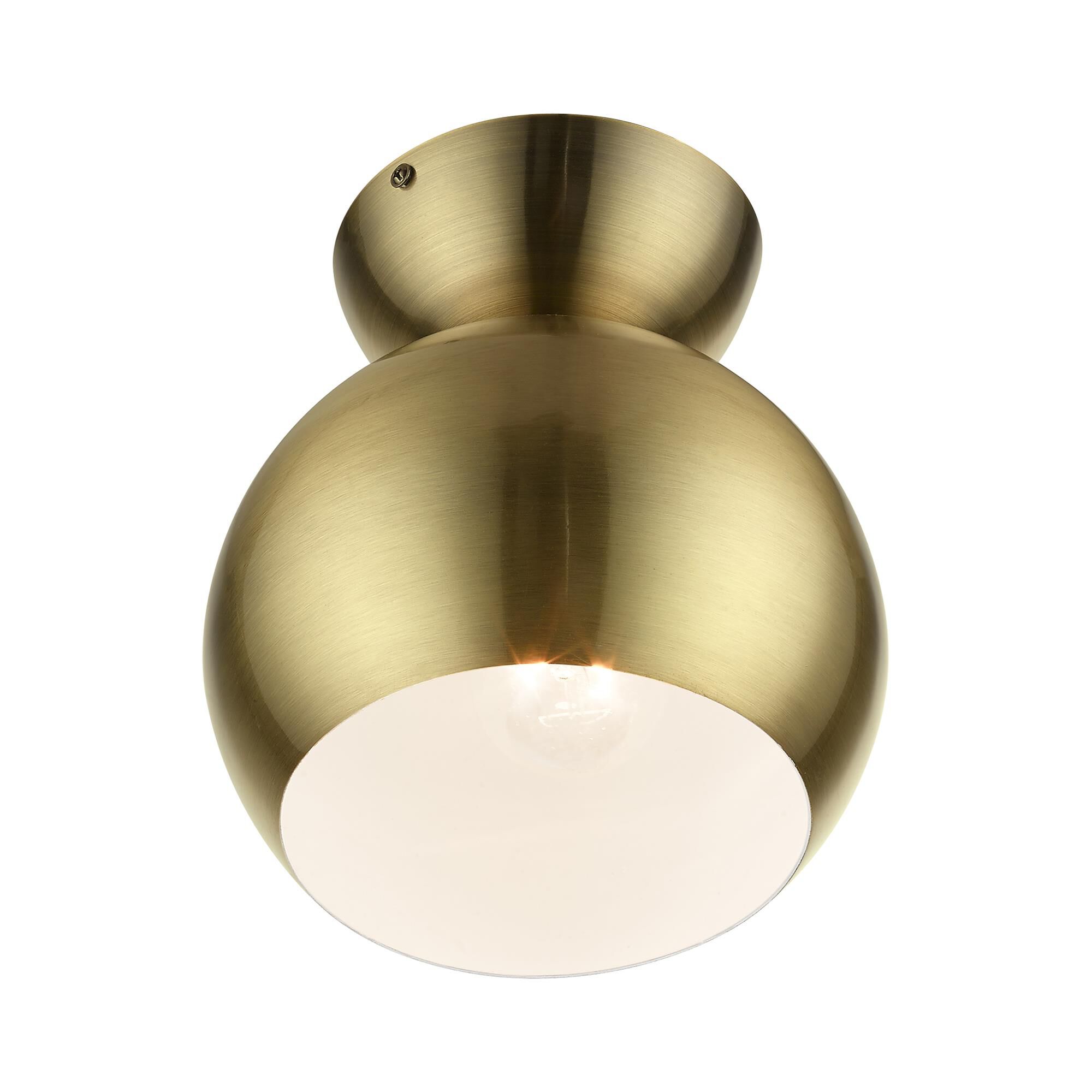 Shown in Antique Brass finish and Antique Brass Steel With Shiny White Inside shade