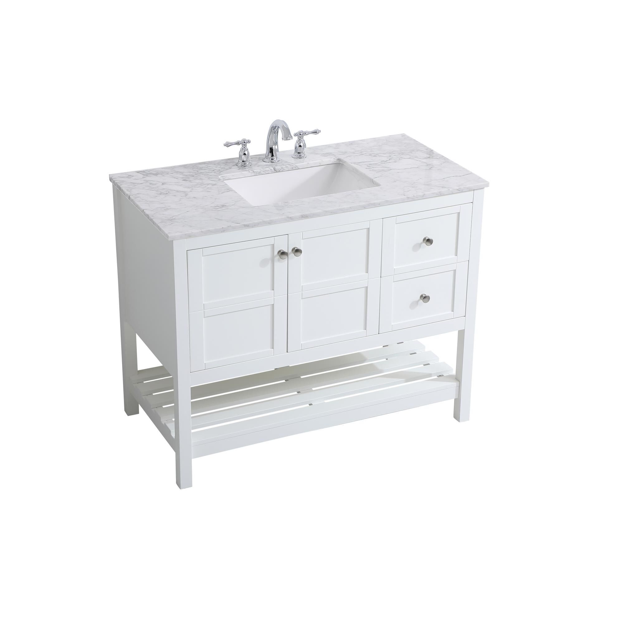 Shown in White And Brushed Nickel With Carrara White Marble finish