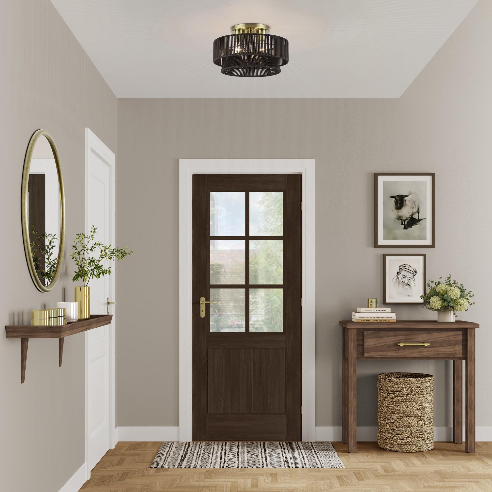 Shown in Antique Brass finish and Hand-Woven Dark Chocolate Color Polyester Rope shade